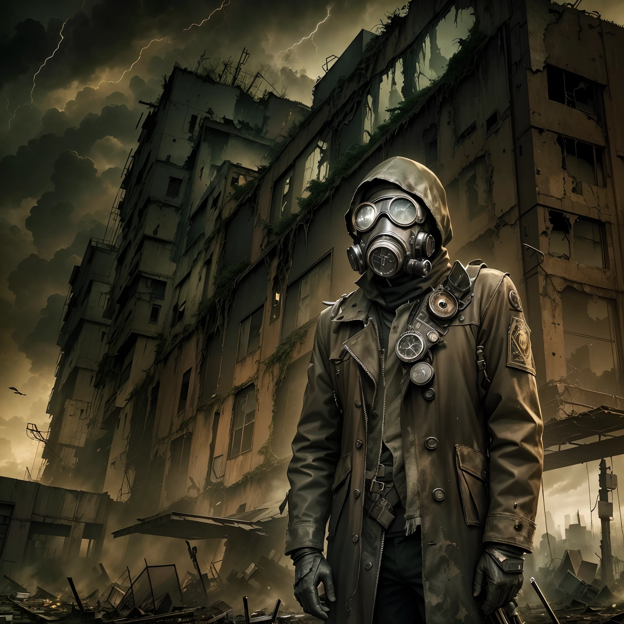 (illuminations,Cityscape,Abandoned,Hospital ruins,dystopian,Futuristic,Dark atmosphere,Towering buildings,smoke-filled sky,overgrown vegetation,Desolate streets,Crumbling building,black wall,Broken windows,Broken glass,Debris was scattered all over the place,),[Steampunk survivor,wind coat,protective goggles,Gas masks,Brass decoration,cogs and gears,]GLOOMY AMBIANCE,Ominous Shadows,be desperate,Unforgettable silence,lost hope,Epidemic of disease.Sepia color palette,intense contrast,Moody lighting.(Best quality,A high resolution,Masterpiece:1.2)
