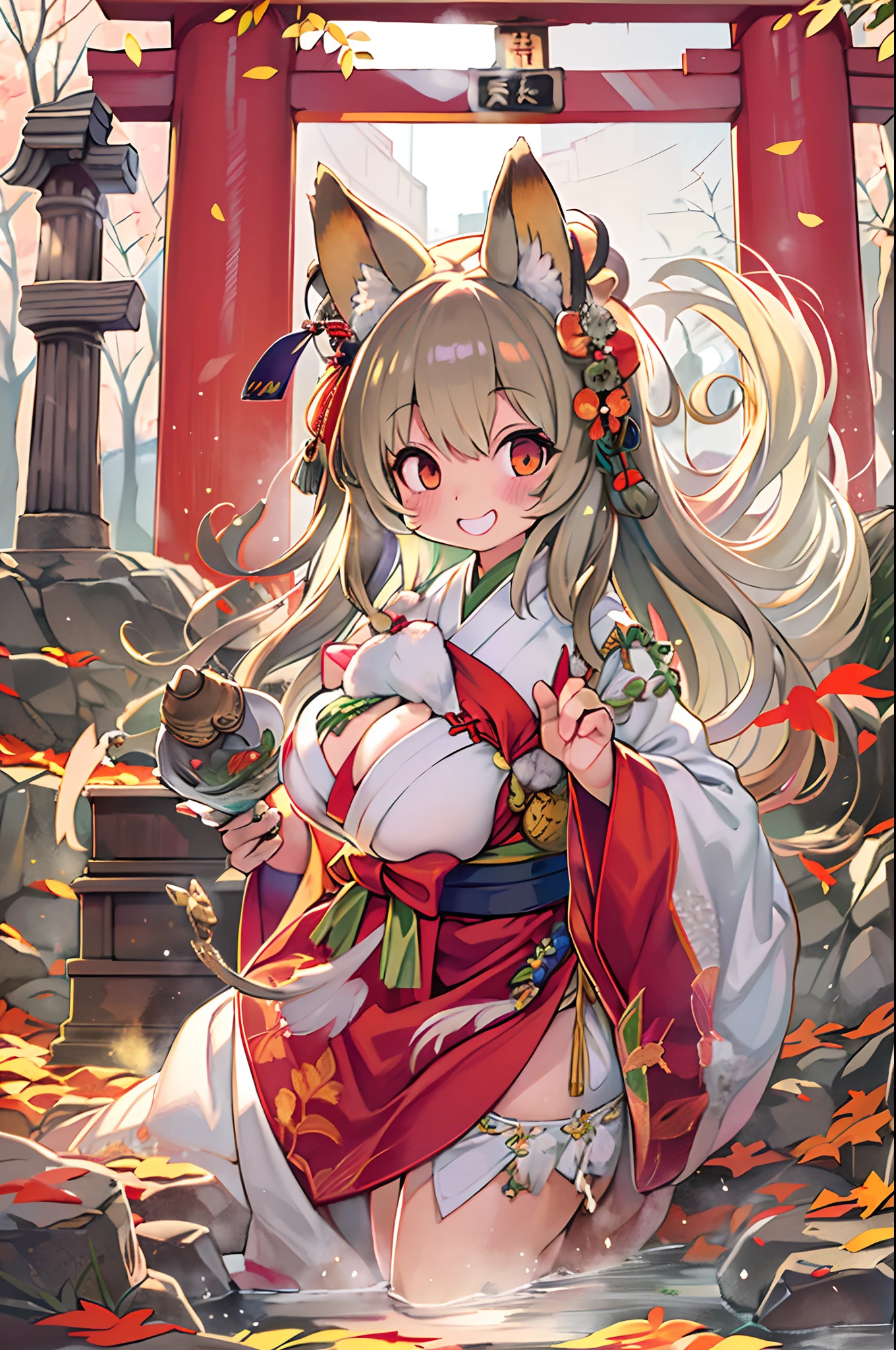 Fox Woman、body covered with fur、huge-breasted、kawaii、shrine maiden、Japan white clothes,Red Hakama、torii gate,((Oblique angle))、{{close up to face}}、one eye closed、winking、A big smile、bbw、thick thight、big butts、Ultramammy,Chibi,Nanachi, autumn day,kaede、 Pines, Anime Background Art, japanese art style, beautiful anime scene, detailed scenery - width 672, Background art, Anime landscapes, Anime Background, Beautiful anime scenery, Beautiful peace scenes in anime, landscape artwork, Japan Village, Anime landscape concept art, 8K))、a lot of fallen leaves、Water twinkle、Springs in the mountains、Main shrine、Chii