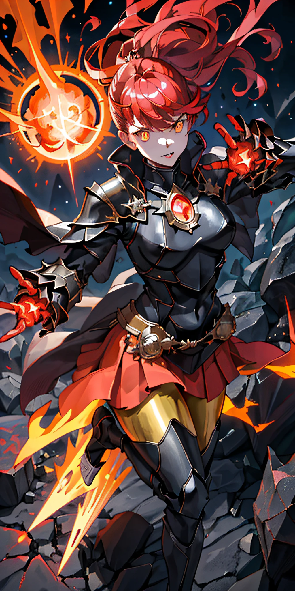 upper body of paladin lady in ornate black and red armor, pauldrons, breastplate, glowing fire halo, loose hair, yellow glowing eyes, bright pupils, eye focus, red and black coat, night, moonlight, particles, light beam, red hair, defined lips, highly voluptuous thighs, measures 75-45-90, fire sorcerer, fire queen, fire in the background, beautiful figure, confidant, fire powers, black and red leggins, fire hero, female barefoot summoner levitating with blonde hair robes and cape arms lifted up over a broken earth bright lava light from below asteroid field (jagged rocks boulders and debris shooting into the air:1.3) (windy dust debris storm:1.1), detailed face, beautifull face,