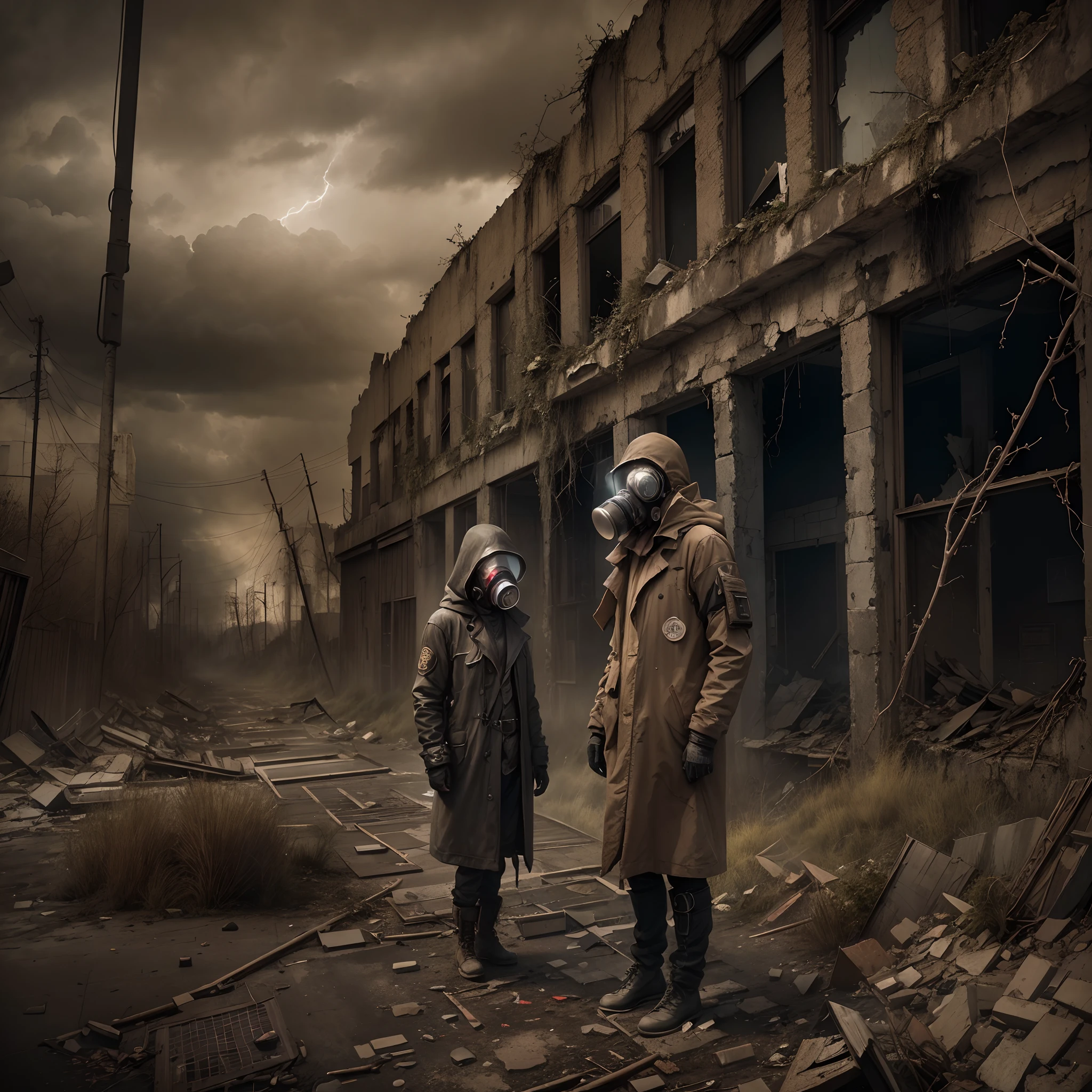 (illuminations,Doomsday City,Abandoned,dystopian,Futuristic,Dark atmosphere,overgrown vegetation,Desolate streets,Crumbling building,black wall,Broken windows,Debris was scattered all over the place,Create an atmosphere of desolation and chaos. ),[Steampunk survivor,wind coat,Gas masks,]，Dimly lit sky,Ominous clouds come together,Dazzling lightning,be desperate,Unforgettable silence,lost hope,Epidemic of disease.Sepia color palette,intense contrast,Moody lighting.(Best quality,A high resolution,Masterpiece:1.2)