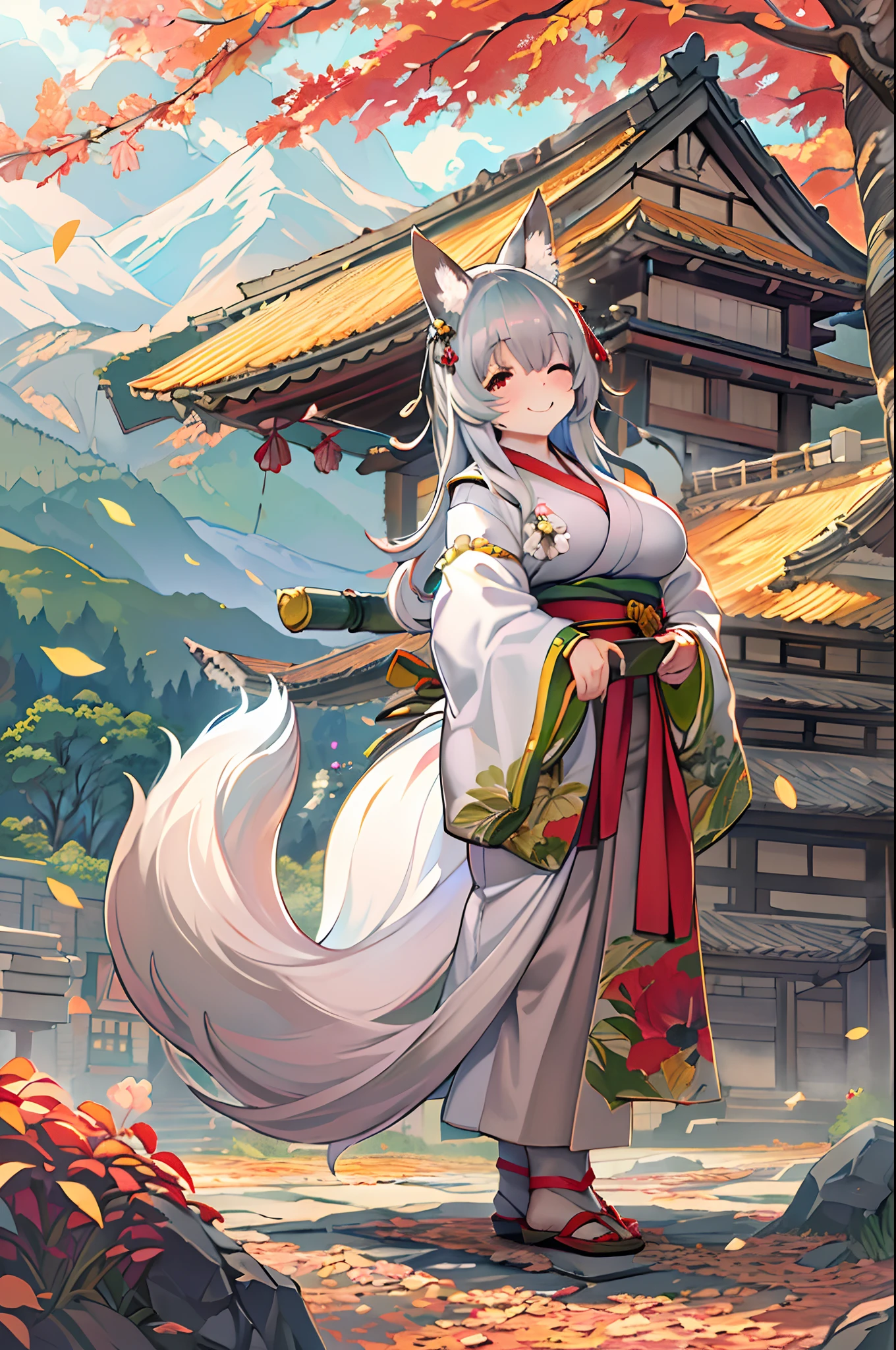 Fox Woman、body covered with fur、huge-breasted、kawaii、shrine maiden、Japan white clothes,Red Hakama、torii gate,((Oblique angle))、{{close up to face}}、one eye closed、winking、A big smile、bbw、thick thight、big butts、Ultramammy,Chibi,Nanachi, autumn day,kaede、 Pines, Anime Background Art, japanese art style, beautiful anime scene, detailed scenery - width 672, Background art, Anime landscapes, Anime Background, Beautiful anime scenery, Beautiful peace scenes in anime, landscape artwork, Japan Village, Anime landscape concept art, 8K))、a lot of fallen leaves、Water twinkle、Springs in the mountains、Main shrine、Chii