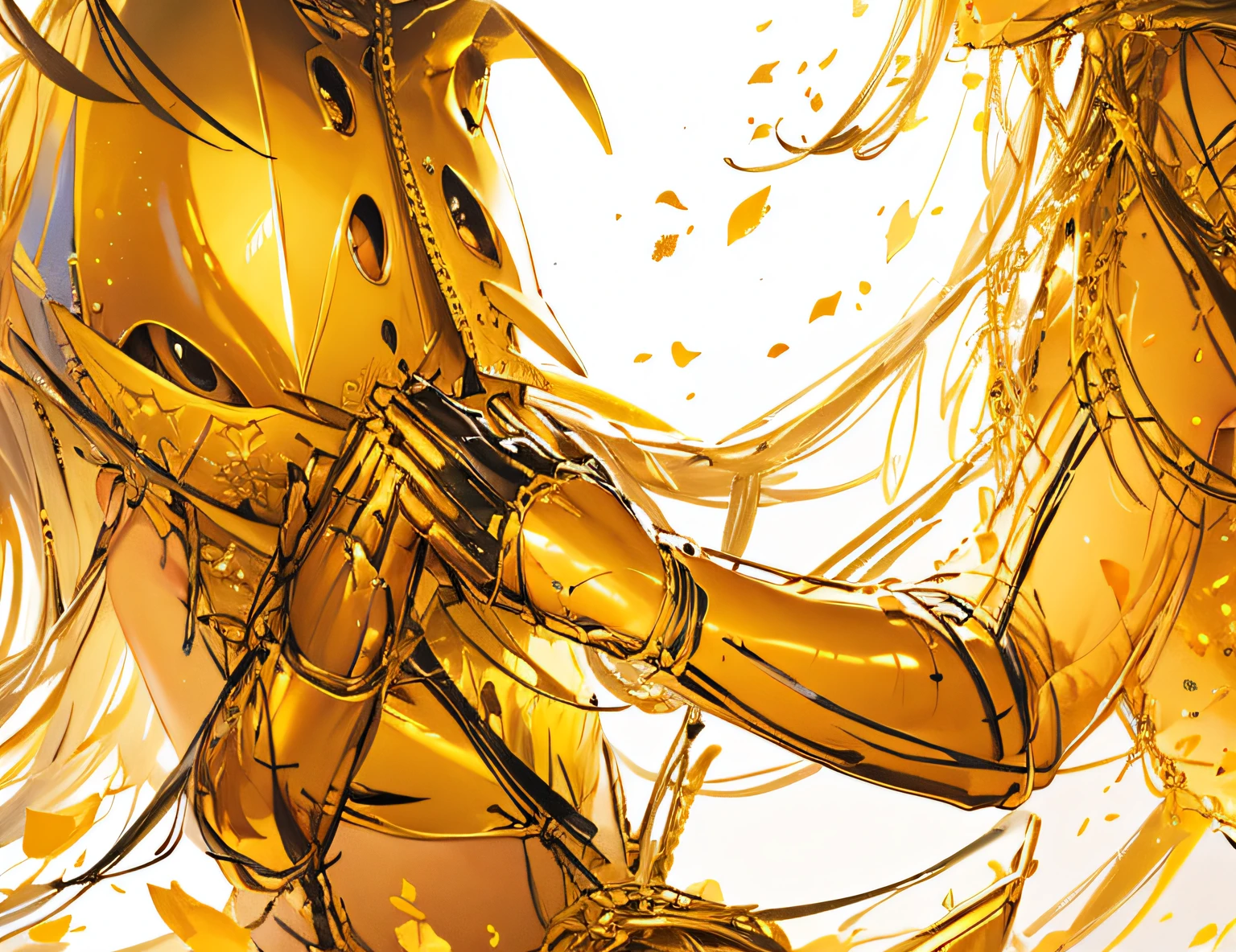 tmasterpiece,Best quality,Super fine illustration,A pair of hands in golden armor hugged together,Bare arms,Gold gauntlet,
