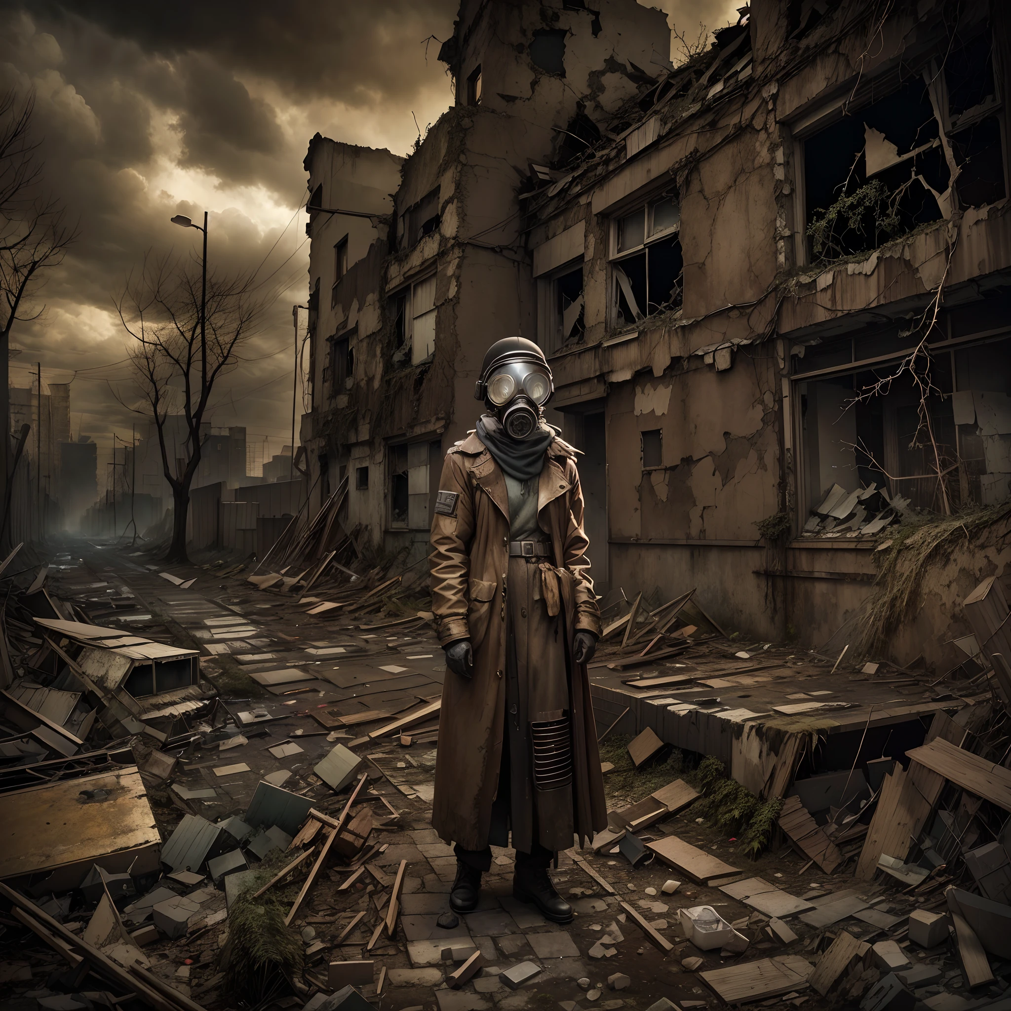(illuminations,Doomsday City,Abandoned,dystopian,Futuristic,Dark atmosphere,overgrown vegetation,Desolate streets,Crumbling building,black wall,Broken windows,Debris was scattered all over the place,Create an atmosphere of desolation and chaos. ),[Steampunk survivor,Gas masks,wind coat,Brass decoration,cogs and gears,]，Dimly lit sky,Ominous clouds come together,Dazzling lightning,be desperate,Unforgettable silence,lost hope,Epidemic of disease.Sepia color palette,intense contrast,Moody lighting.(Best quality,A high resolution,Masterpiece:1.2)