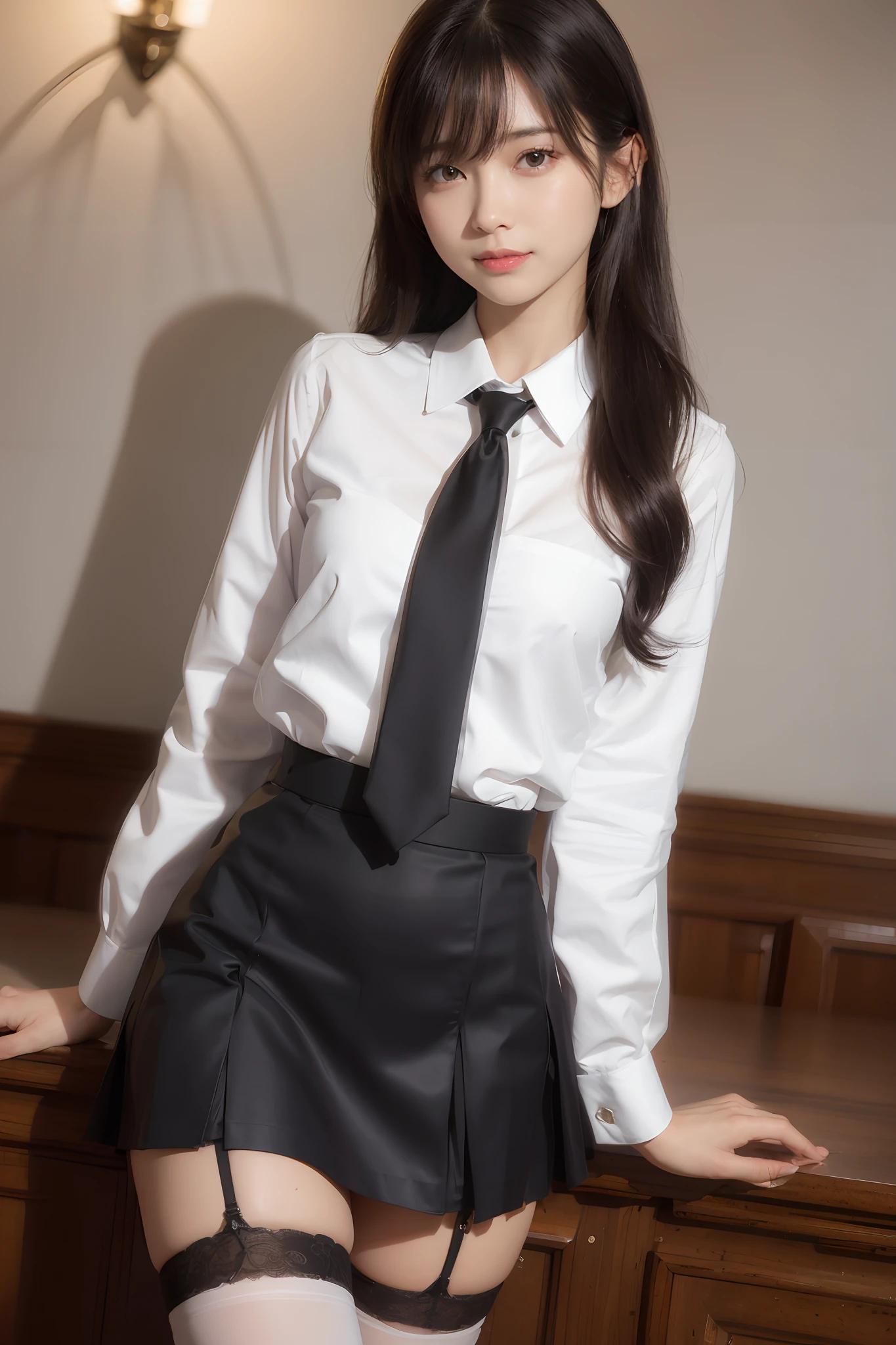 Photorealistic, high resolution, Soft light,1womanl, Solo, Hips up, shiny skins, (Detailed face),, jewelry, Secretary uniform, White shirt, Black skirt, Black stockings, a garter belt, Night, White hair, Wavy hair, The beautiful, Grab the audience's eye, Lover's perspective, Invitation expression, Sexy smile, Perfect style, Perfect balance, Detailed skin, mischievous gaze
