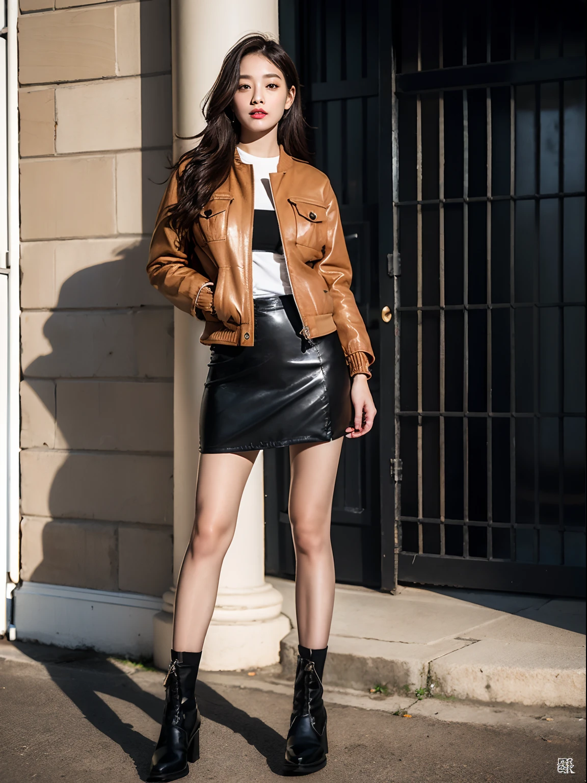 (RAW photo:1.2), (Photorealistic:1.4),Beautiful detailed woman,very detailed eyes and faces, A detailed eye, ultra - detailed, A high resolution, The is very detailed,best qualtiy,illustratio,unified,8k 壁纸,tmasterpiece,best qualtiy,1 group of girls standing side by side,full bodyesbian, 1girll,Solo,a skirt,Pocket,carryng bag,long whitr hair,Boots,jewely,full bodyesbian,brown hair,Fashionab,jaket,Black shoes,耳Nipple Ring,standing on your feet,with brown eye,realisticlying