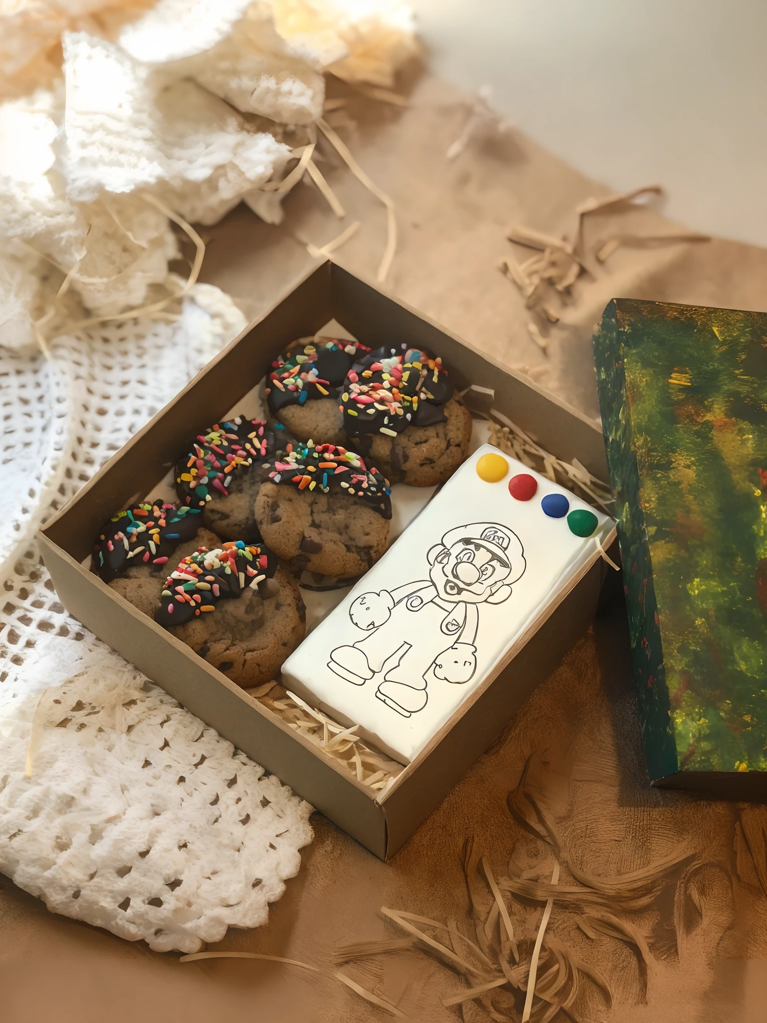 There's a box of cookies with a drawing of Mario on it