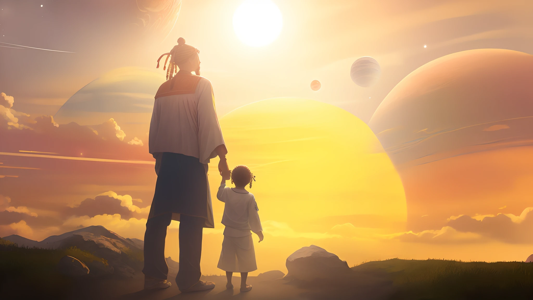 Masterpiece, best quality, very detailed figures of a father and his little son, they hold each other’s hands, they have very detailed tribal clothes on, father has dreadlocks hairstyle, they look at the Sun and many other planets in a sky