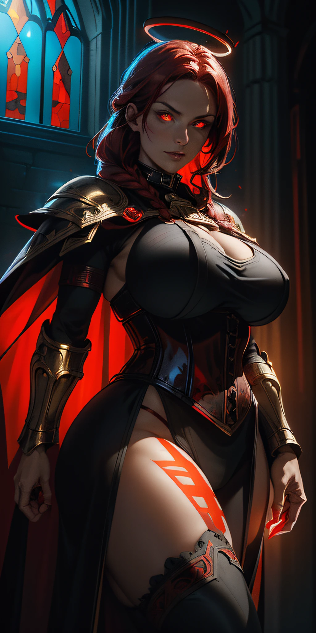 upper body of paladin lady in ornate black and red armor, red collar, pauldrons, breastplate, corset, glowing red halo, single braid, red hair, yellow glowing eyes, bright pupils, eye focus, red cape, temple indoors, stained glass windows, night, moonlight, particles, light beam, chromatic aberration, fire background, fire sorcerer, fire queen, controls the fire, big ass, big hips, voluptuous legs, thick body,