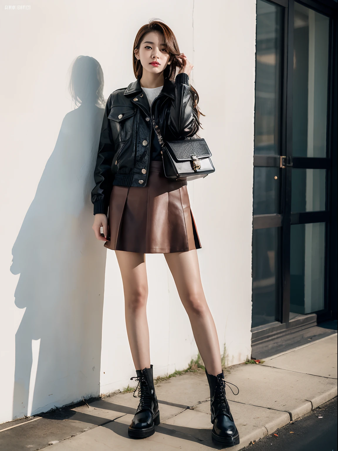(RAW photo:1.2), (Photorealistic:1.4),Beautiful detailed woman,very detailed eyes and faces, A detailed eye, ultra - detailed, A high resolution, The is very detailed,best qualtiy,illustratio,unified,8k 壁纸,tmasterpiece,best qualtiy,1 group of girls standing side by side，full bodyesbian, 1girll，Solo，a skirt，Pocket，carryng bag，long whitr hair，Boots，jewely，full bodyesbian，brown  hair，Fashionab，jaket，Black shoes，耳Nipple Ring，standing on your feet，with brown eye，realisticlying