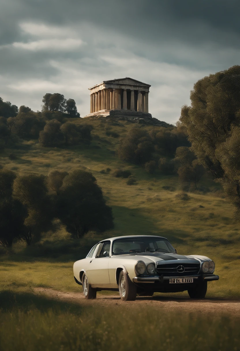 Ralph-Macquarie style, Greek architecture is completed in a sci-fi style,In beautiful forests and meadows,There are tall buildings and open green areas, Oil painting, Beautiful, Highly detailed