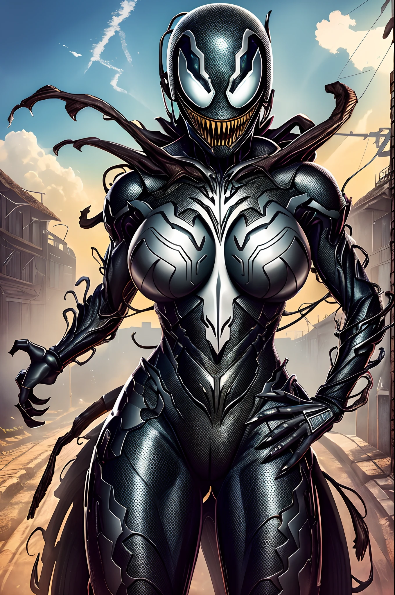1girl,mulher solo, vestindo roupa cyberpunk +Traje de Venom+Traje do robocop, Broken pieces with gold pieces,meio humana meio robo,Simbionte, cabelo moicano, cabelos azuis, messy hair, olhando diretamente para o espectador, Venom maravilha,She's on an 80's farm, with many machines, iluminacao radiante, galinhas, trator 4 rodas, traje do venom , fazenda, ((Cidade, antiga)), 16k, UHD, best possible quality, Ultra Detalhado, best possible resolution, Motor Unreal 5, fotografia profissional, she is, (((Action pose with interaction and leaning on a 4-wheel tractor +ferramenta na mao+machado+encostado trator))), Melhor_Hands, mais detalhes, ((corpo inteiro)),olhos perfeitos