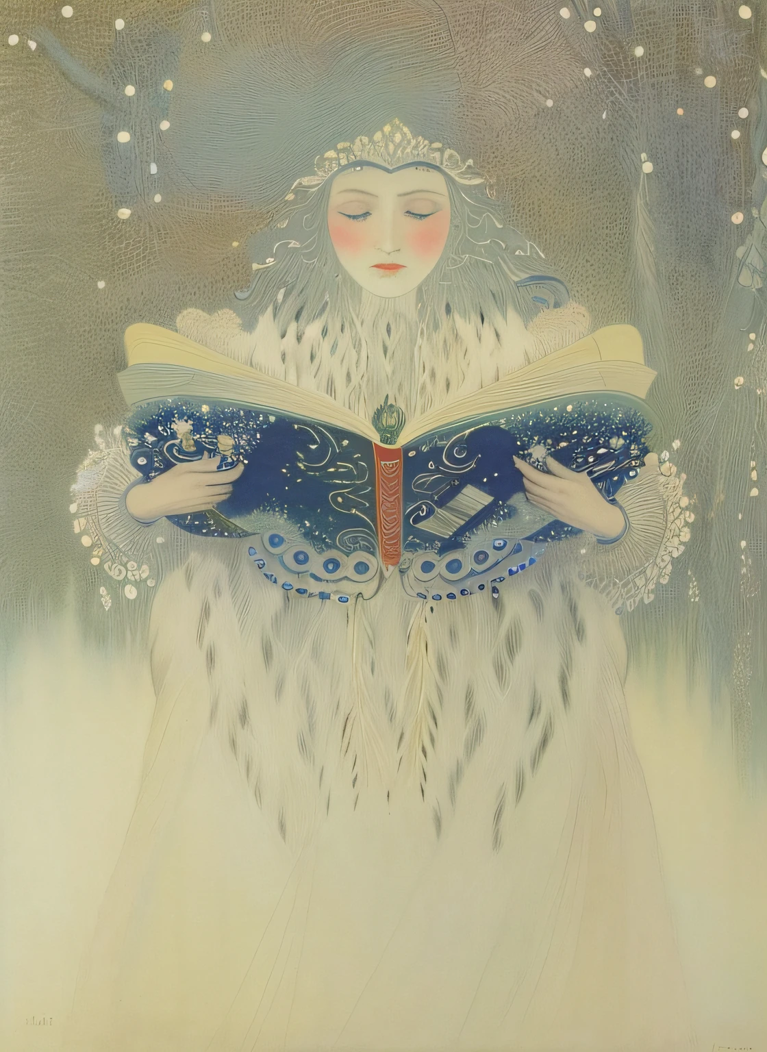 pintura de uma mulher de jaleco branco lendo um livro na neve, deusa do inverno, Rainha do Inverno, Bruxa Branca, jungian symbols of winter, deus do inverno, Amano e Karol Bak, Kay Nielsen e Wadim Kashin, inspirado em Victor Nizovtsev, inspirado em Kay Nielsen, yoshitakka amano Karol Bak