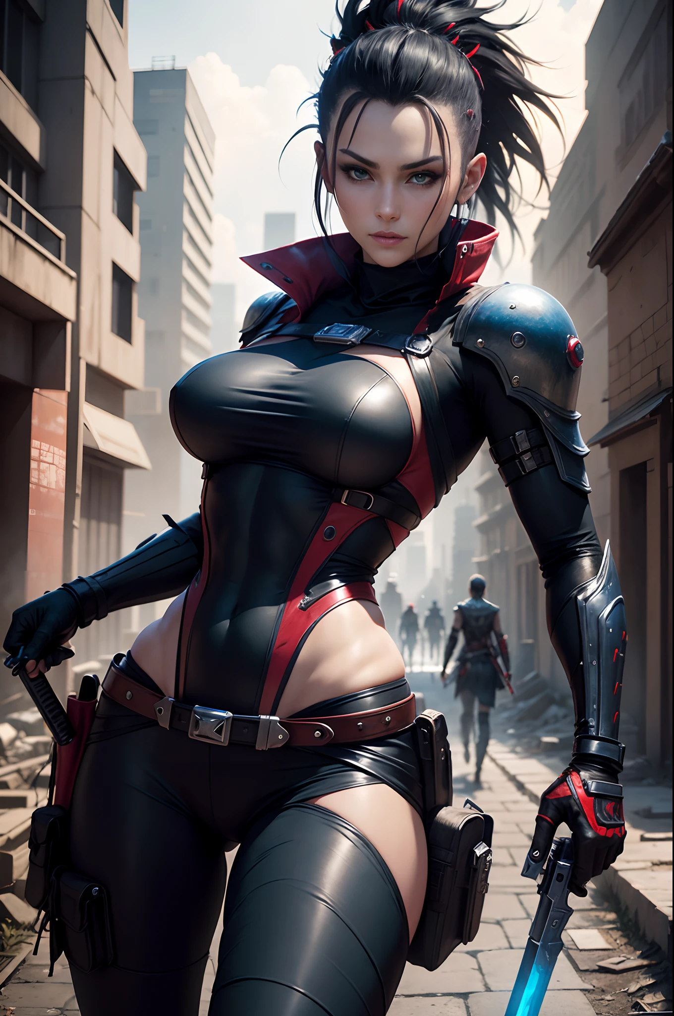 1 Mature Assassin Woman, Body, Cyberpunk, Red and black assassin costume, Holding a dagger, (masutepiece: 1.4), (8K, Realistic, Raw photo, Best Quality: 1.4), Big dagger, Japan mature woman, large full breasts, Beautiful beautiful face, (Real Face: 1.4), Perfect , Beautiful hairstyle, Realistic blue eyes, Beautiful detail eyes, (Real Skin: 1.3), Beautiful skin, Attractive, Ultra High Resolution, A hyper-realistic, city ruins, Post-apocalyptic world, Cinematic lighting, Black-haired mohawk, blue ribbons,a smile, Weapons in hand, futuristic fantasy, View, Battle Pose