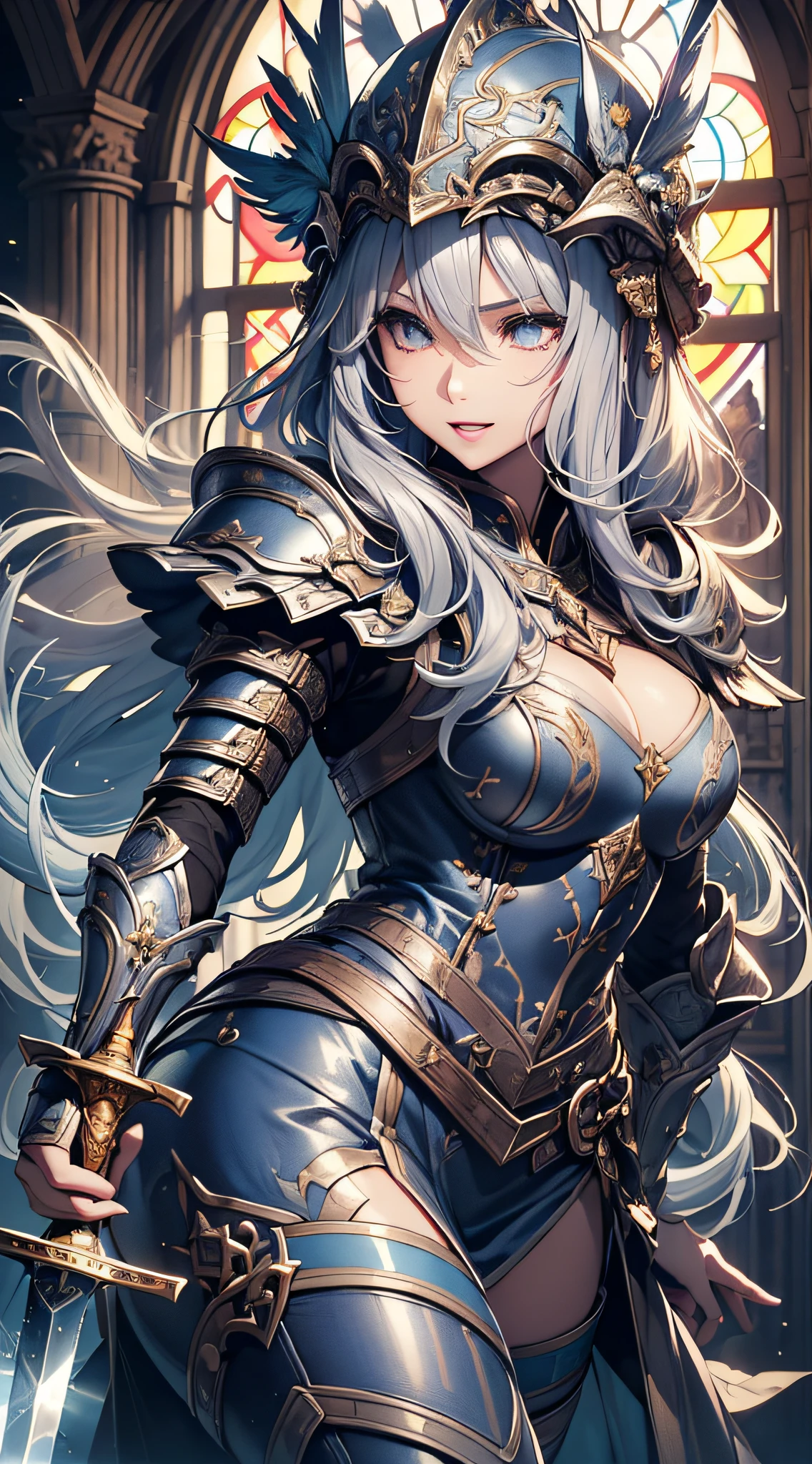 (masterpiece、top-quality、top-quality、Official art、Beautifully Aesthetic:1.2)、a beauty girl、 cleavage of the breast、large full breasts、length hair、ue、Intricate gold and blue super armor、Complex black cloak、Complex white metal leggings on legs、borgar、silber hair、de pele branca、blue eyess、illustratio