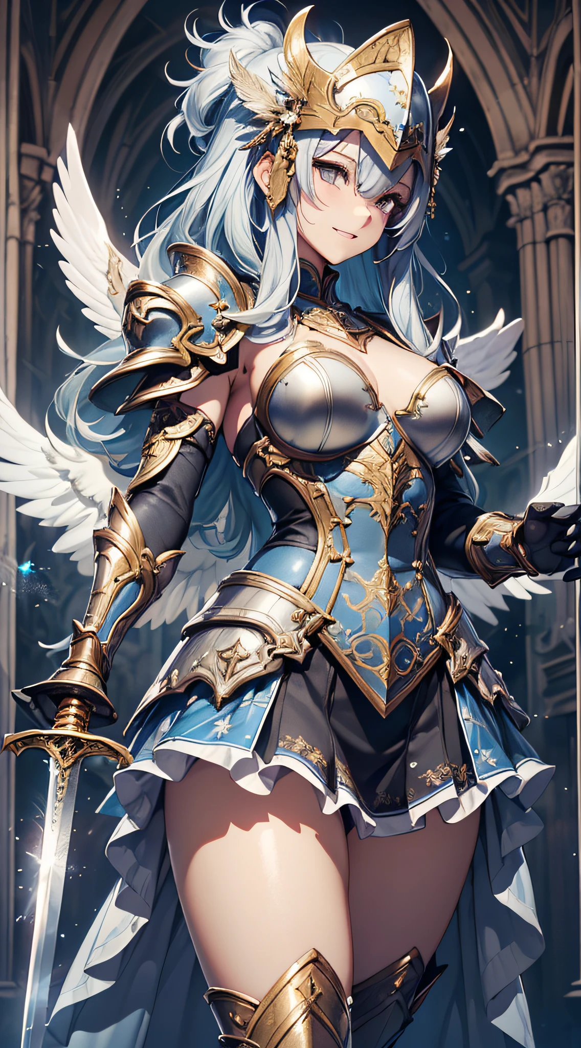 (((masterpiece))), best quality,(noelle_silva),long hair ,twintails,purple eyes,silver hair, bangs, ((water_armor)), earring, wings, blurry background, crown, valkyrie, armored dress, angel, night, holding water sword, fighting stance