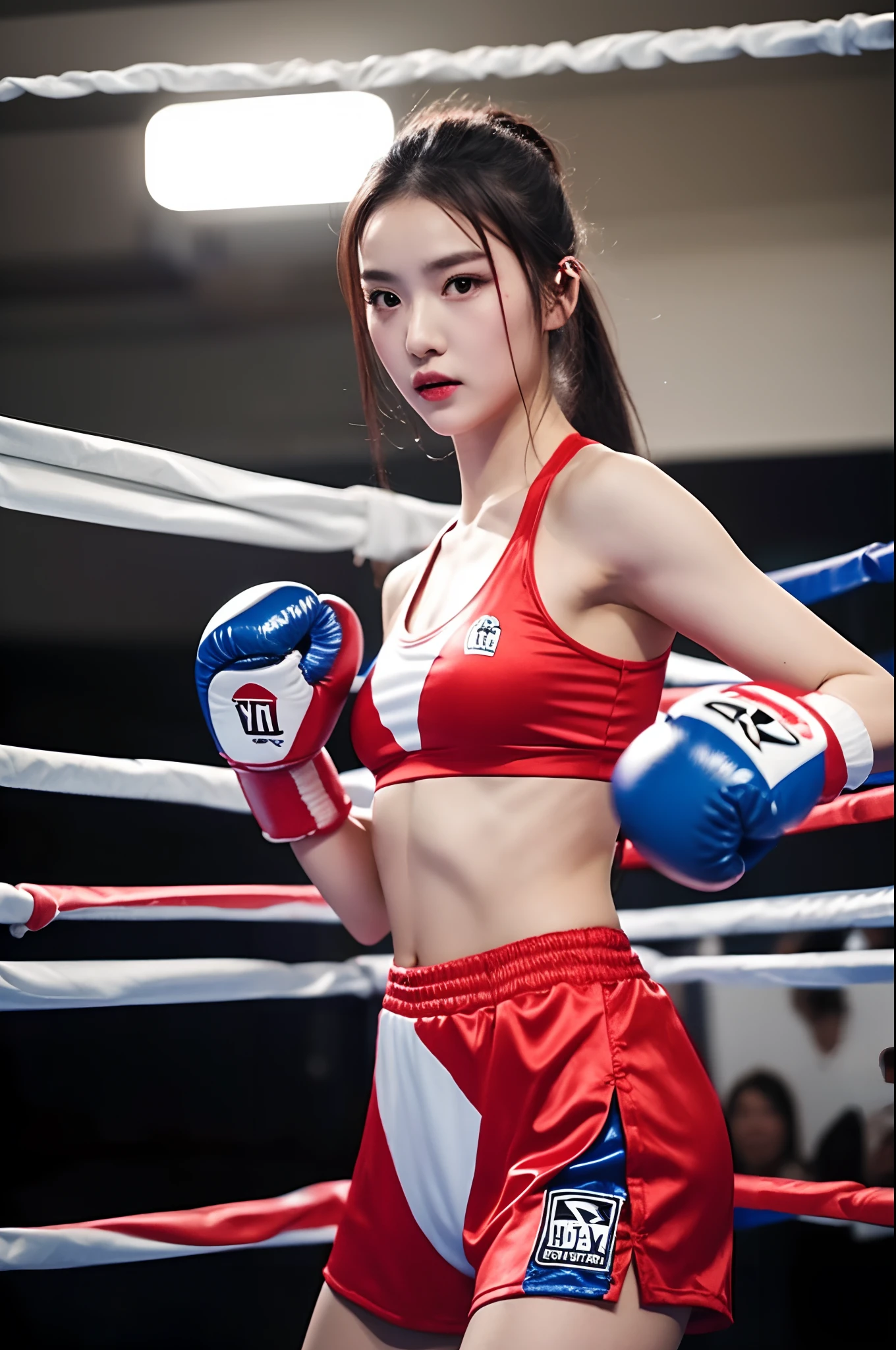 arafed woman in a boxing ring with a white glove, posing ready for a fight, in a boxing ring, she is ready to fight, posing for a fight, fighter pose, in a fighting pose, boxing, fight pose, boxing match, chengyou liu, wenfei ye, gorgeous young korean woman, korean girl, in a fighting stance