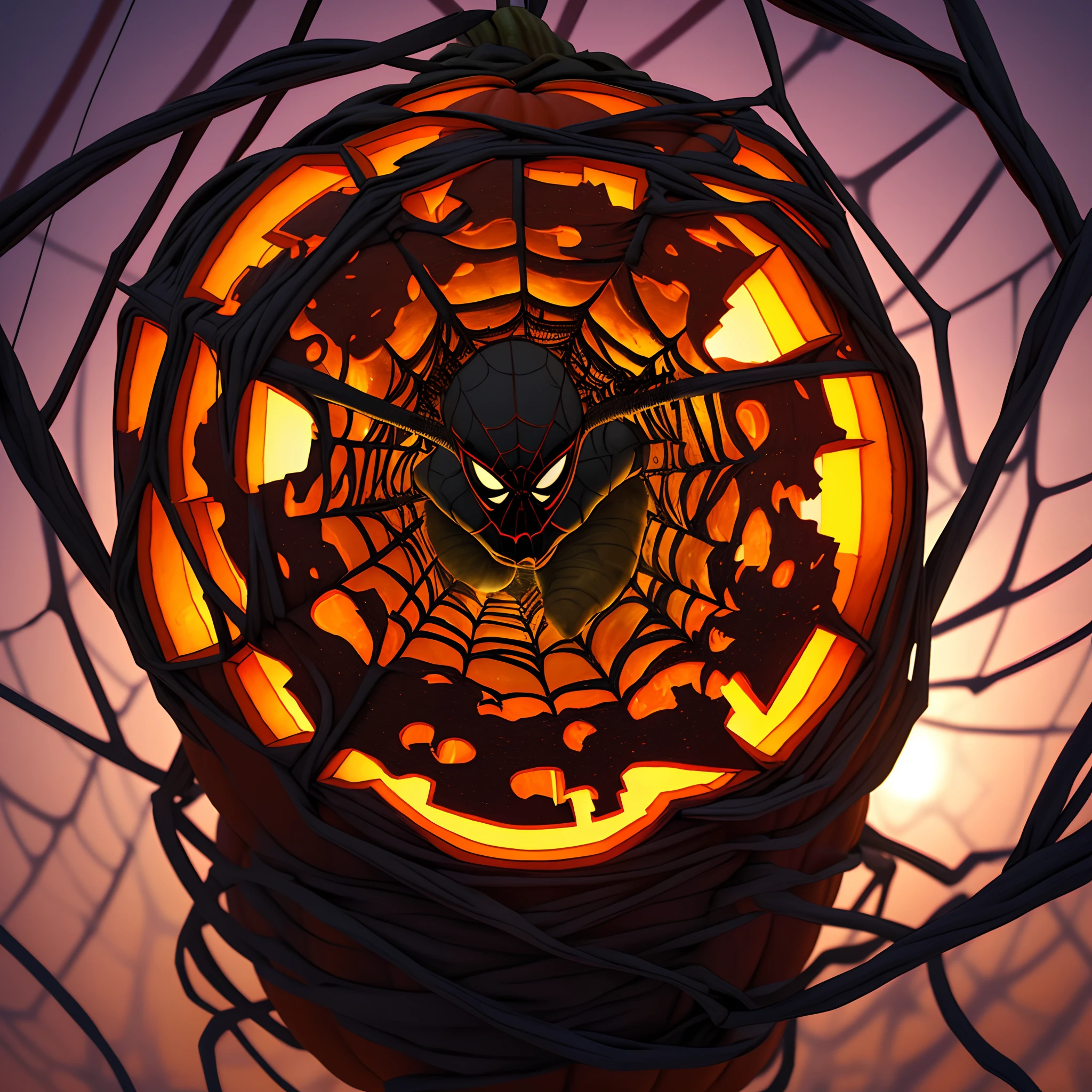 three-dimensional image of halloween pumpkin in the center of a spider web, about to be attacked by a black spider