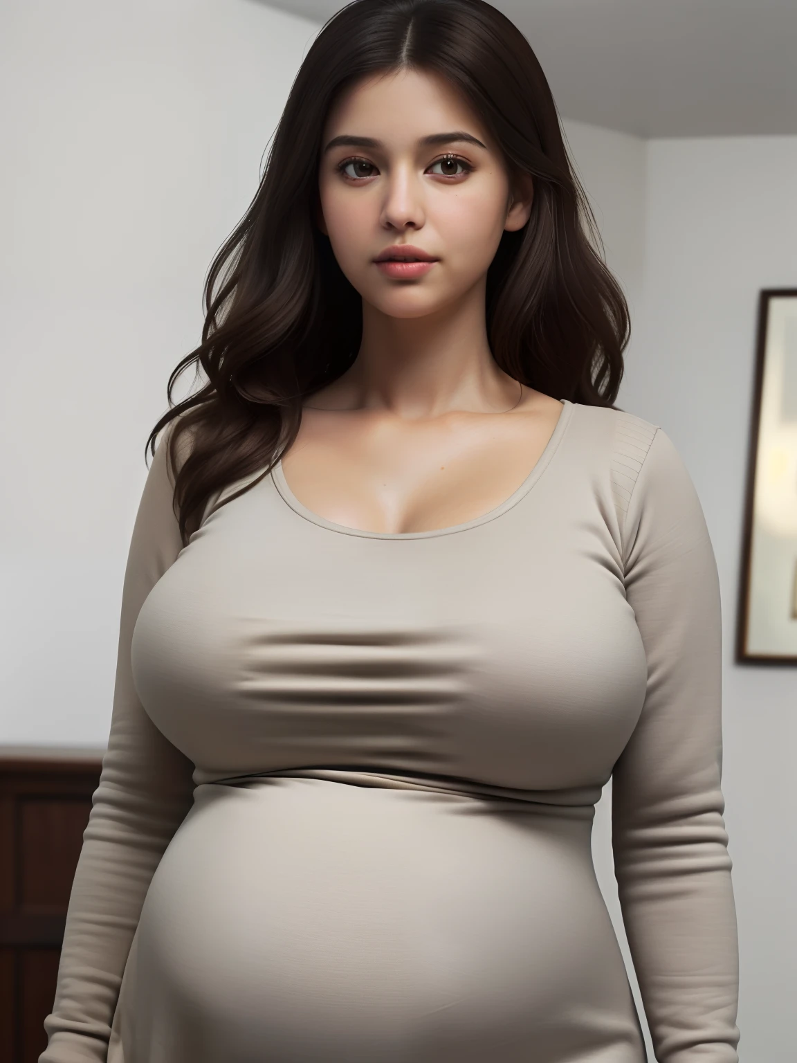 (Extremely detailed, In a cozy interior, Slightly fat, plumw, Bigchest, Gigantic big tits, huge pregnant, Refined face, sexy for, Wearing a brown crewneck dress, Tight jumpdress, Slip dress, k hd, Close-up Shot Shot, photorealistic perfect body, very very very realistic)