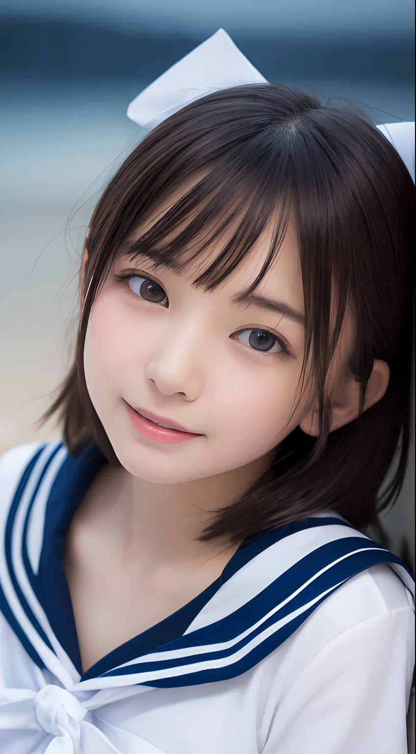 masutepiece, Best Quality, 8K, ars old, Teen, Raw photo, absurderes, award winning portrait, Smile, Solo, (Night:1.8), Idol face, violaceaess, Delicate girl, Upper body, Digital SLR, Looking at Viewer, Candid, Sophisticated,Thin arms, Professional Lighting, Film grain, chromatic abberation, (Eyes and faces with detailed:1.0), (Bokeh:1.1) , Distant perspective , bed , laying on back , Perspective from above , closes mouth , (White sailor uniform uniform,Red ribbons , underpants:1.2) , A dark-haired , dishevled hair, tiny chest , Dressing ,short-hair