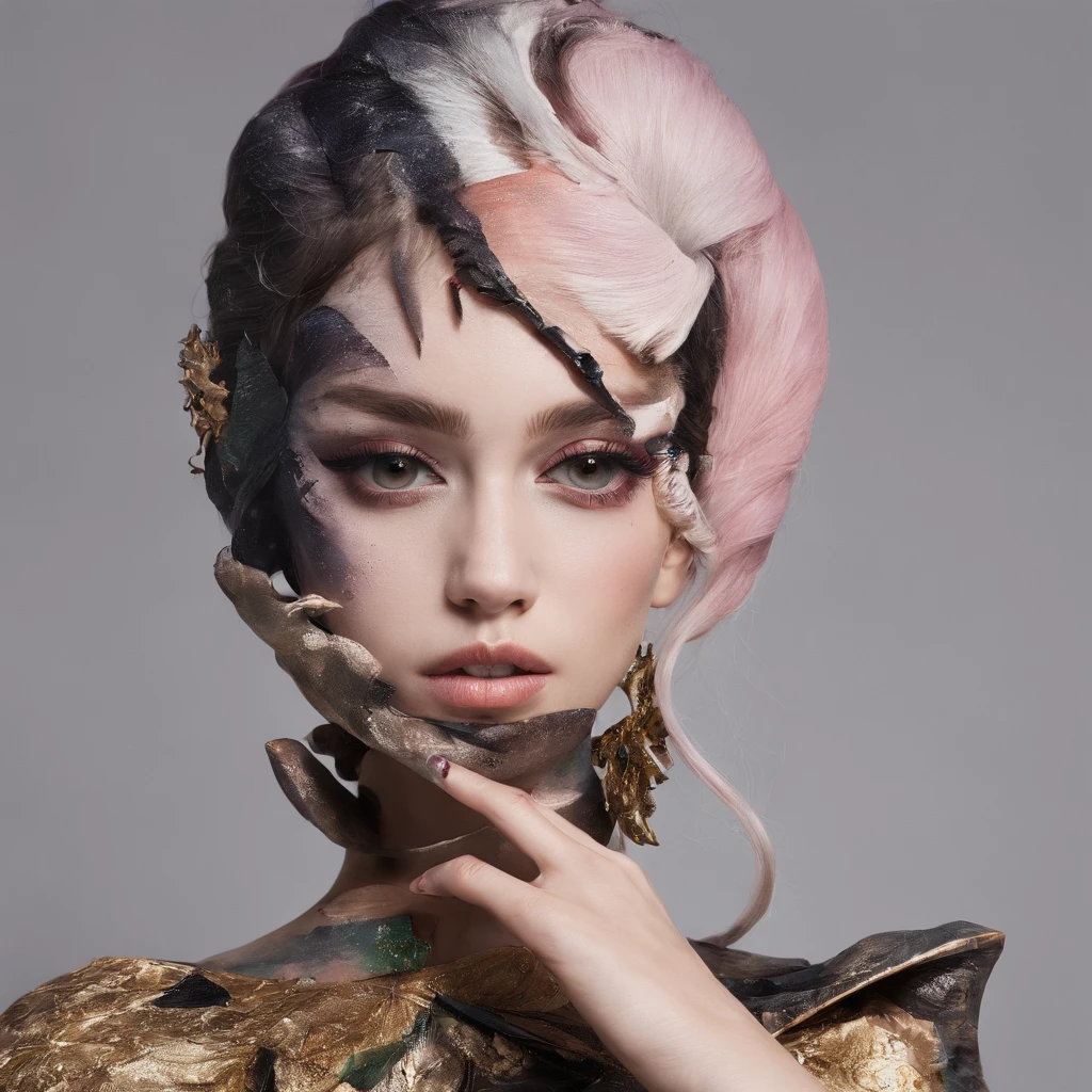 Melancholy and exotic high girl portrait,Unusual makeup,Painted surface.