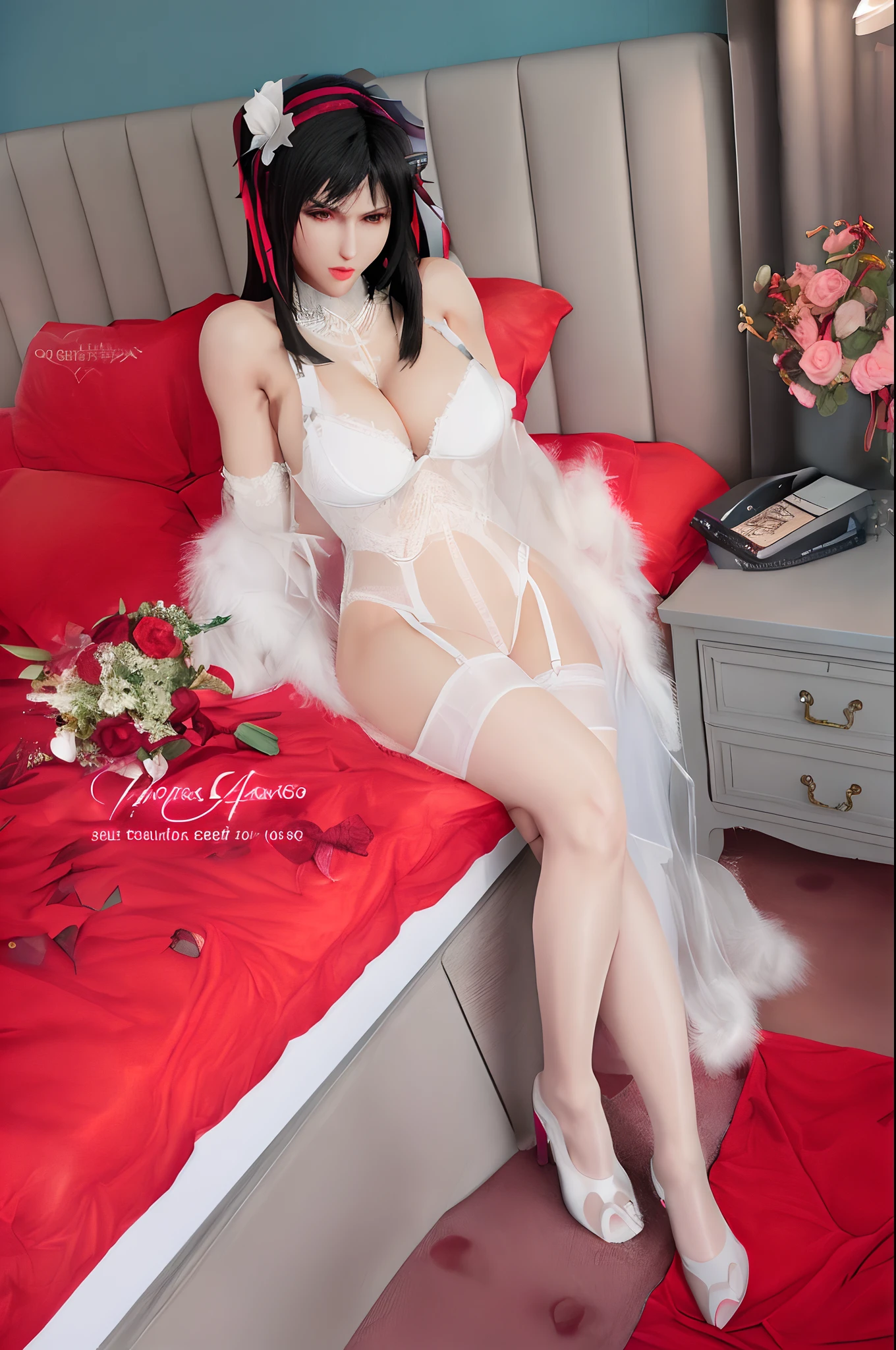 Tifa, Deep cleavage, open White shirt, black lingerie, black miniskirt, long White highheels