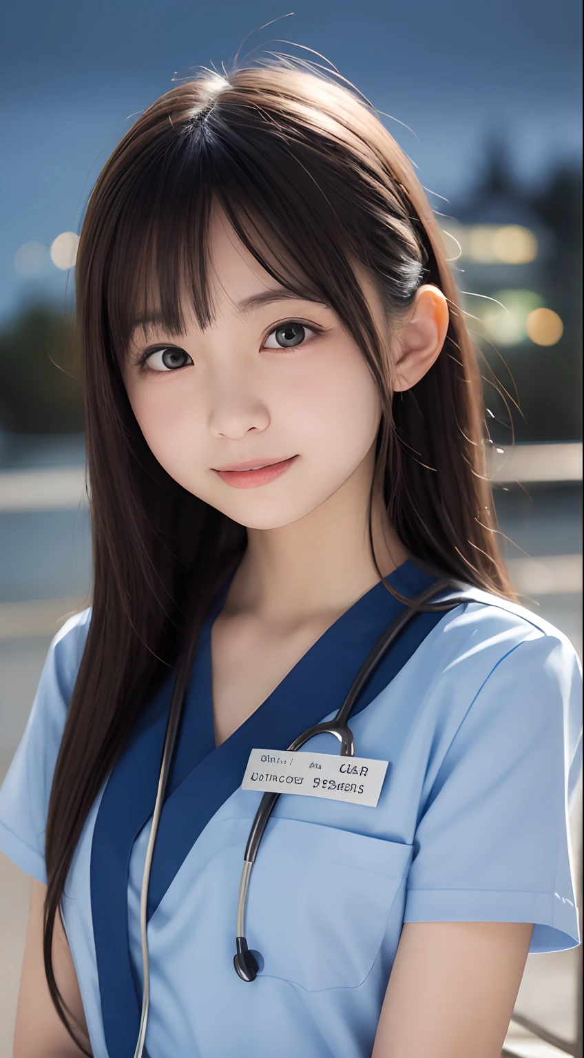 masutepiece, Best Quality, 8K, 8years old, Teen, Raw photo, absurderes, award winning portrait, Smile, Solo, (Night:1.8), Idol face, Delicate girl, Upper body, Digital SLR, Looking at Viewer, Candid, Sophisticated,Thin arms, Professional Lighting, Film grain, chromatic abberation, (Eyes and faces with detailed:1.0), (Bokeh:1.1) , (Nurse Uniform:1.1) , closes mouth