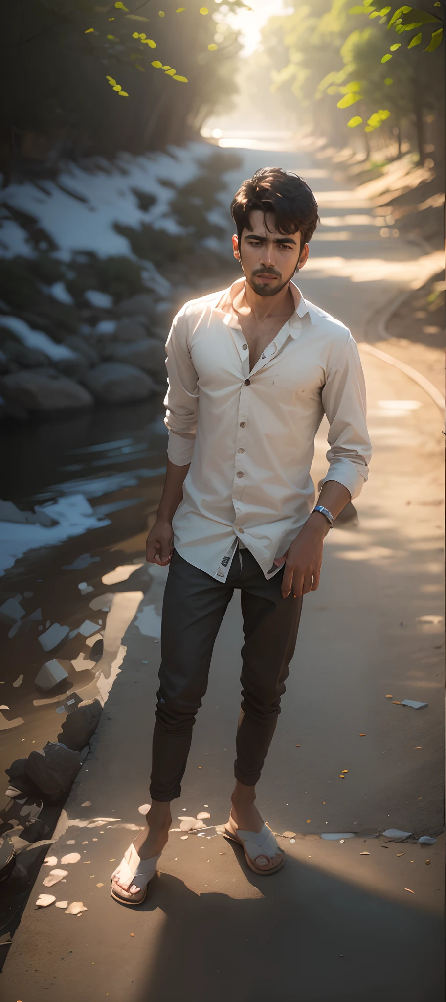 Behold a fashion editorial photo shoot featuring a photogenic and charming 18 year yod male supermodel, natural pale skin tone with a fit and slander body stands confidently under a rain, The camera angle is a dramatic low-angle shot, looking up at the model from below, creating a sense of power and dominance in the composition. The model wears white sheer pants with thick bulge, white wet t shirt, which emphasizes his athletic physique, particularly his toned legs and strong posture. His stance is wide and firm, with one arm slightly extended forward, creating a dynamic perspective that draws the viewer's eye upward along his body to his face.
The environment is an raining and scattered clouds, contributing to the image's vibrant and energetic atmosphere. The sunlight is intense, casting strong, natural light on the model's body, which accentuates his muscular definition and adds depth to the image. adds a sense of realism and enhances the rainny feel of the scene.
The photograph is taken with a Canon EOS R5 camera paired with a Canon RF 16mm F2.8 STM lens. The wide-angle lens is perfect for capturing the model's full body while emphasizing the expansive sky above. The inspiration for this shot draws from the work of Bruce Weber, known for his bold, dynamic compositions and ability to capture the strength and beauty of the human form, soak clothes, wet hair and body:1.37,