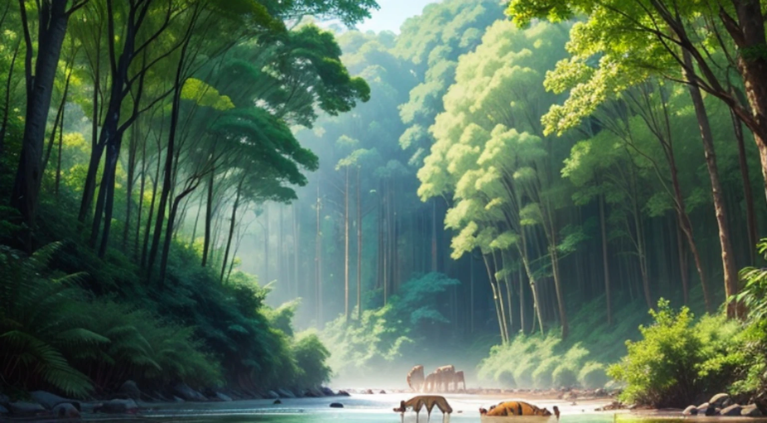 “A forrest with tall and green trees surrounded by wild animals such as tigers and monkeys, complemented by a river and a blue sky”.