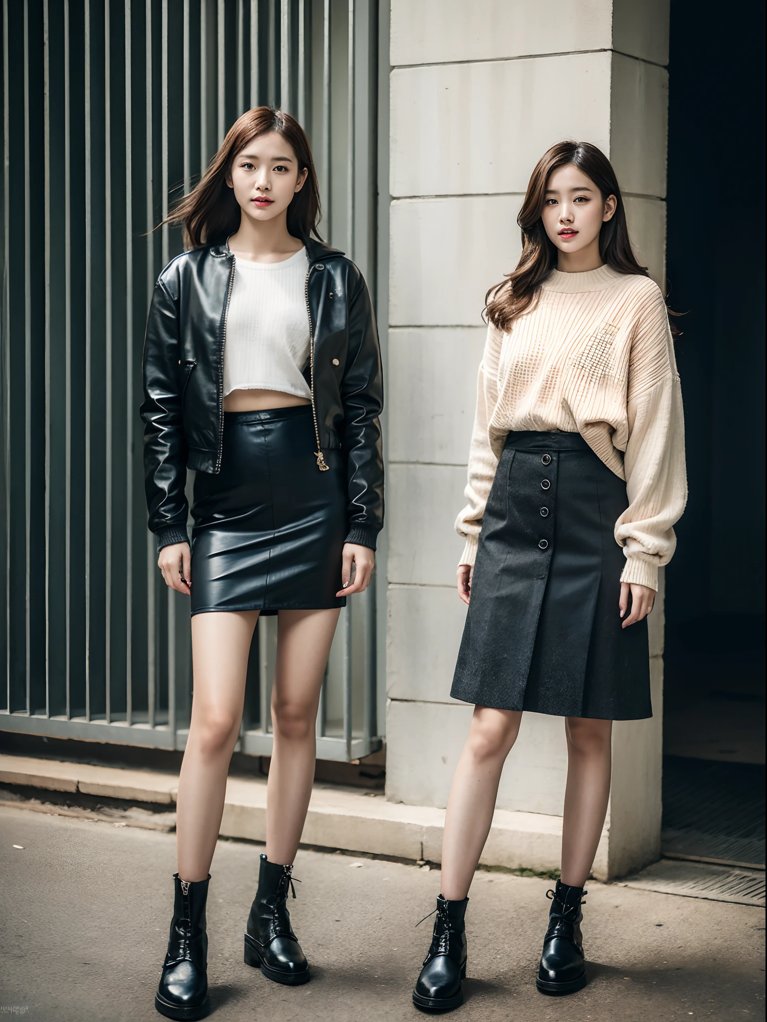 (RAW photo:1.2), (Photorealistic:1.4),Beautiful detailed woman,very detailed eyes and faces, A detailed eye, ultra - detailed, A high resolution, The is very detailed,best qualtiy,illustratio,unified,8k 壁纸,tmasterpiece,best qualtiy,1 group of girls standing side by side,full bodyesbian, 1girll,Solo,a skirt,Pocket,carryng bag,long whitr hair,Boots,jewely,full bodyesbian,brown hair,Fashionab,jaket,Black shoes,耳Nipple Ring,standing on your feet,with brown eye,realisticlying