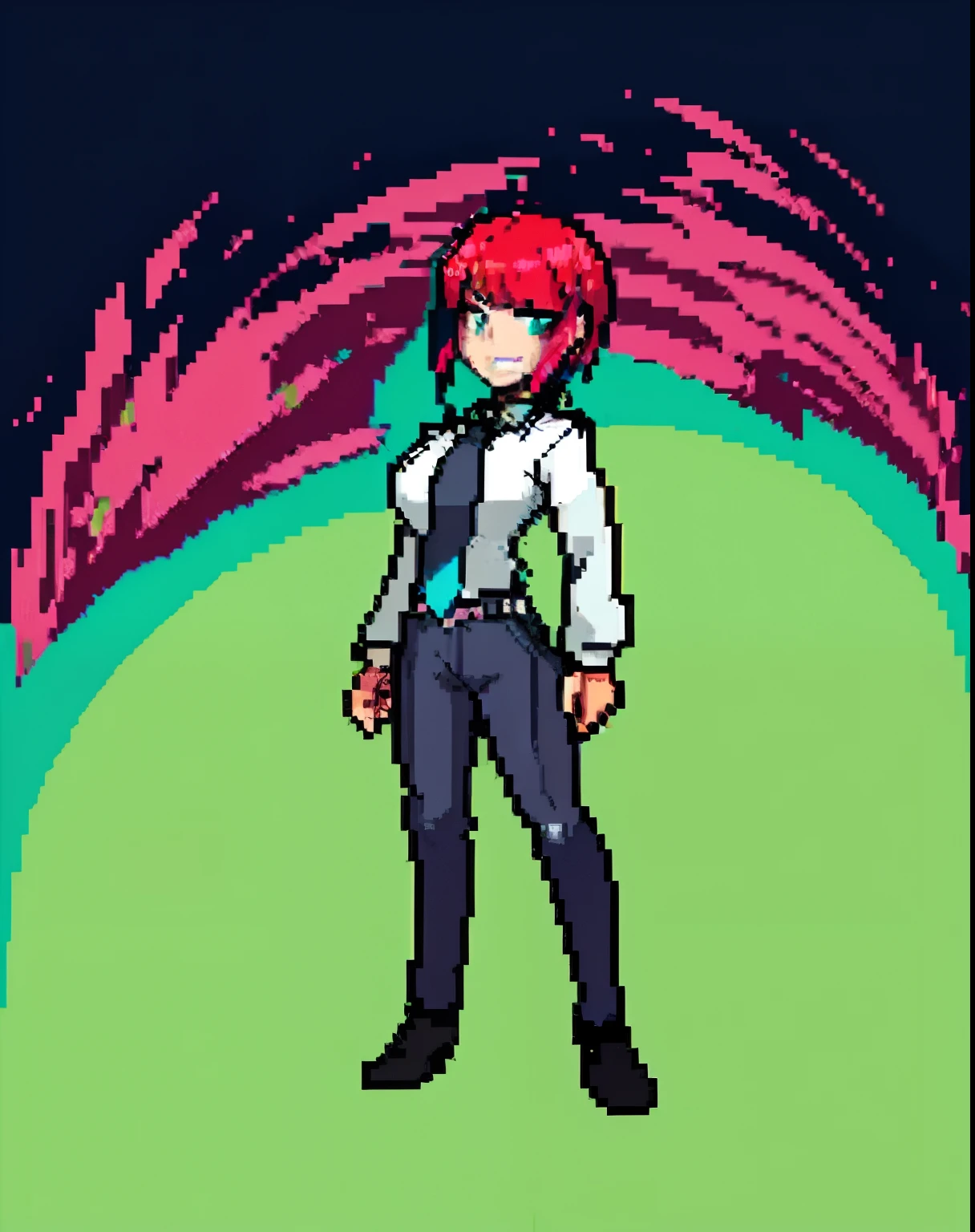 est quality, 1girl, white wet shirt, collared shirt, black necktie, black trousers, sensual, rotated, granny flat, evening, corneo_makima, makima \(chainsaw man\), (large breasts:1.4) , fingersmile:1.2, bored, ringed eyes, red hair, braided ponytail, color connection, colorized, vibrant color scheme, colorful, spot color, nsfw, cinematography, hyperdetailed, beautiful face, 4k, HD, artstation trending on artstation, pixel,