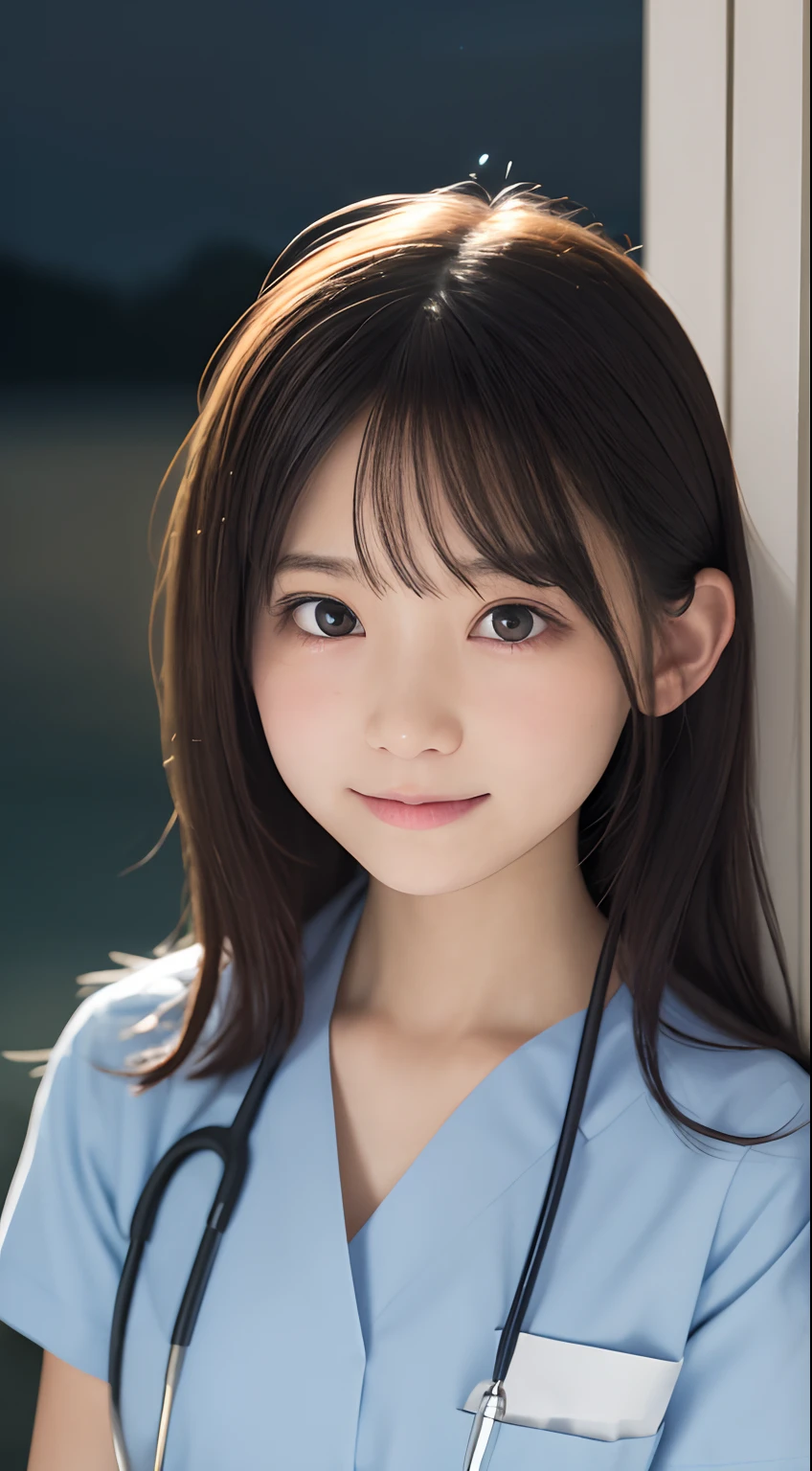 masutepiece, Best Quality, 8K, 8years old, Teen, Raw photo, absurderes, award winning portrait, Smile, Solo, (Night:1.8), Idol face, Delicate girl, Upper body, Digital SLR, Looking at Viewer, Candid, Sophisticated,Thin arms, Professional Lighting, Film grain, chromatic abberation, (Eyes and faces with detailed:1.0), (Bokeh:1.1) , (Nurse Uniform:1.1) , closes mouth