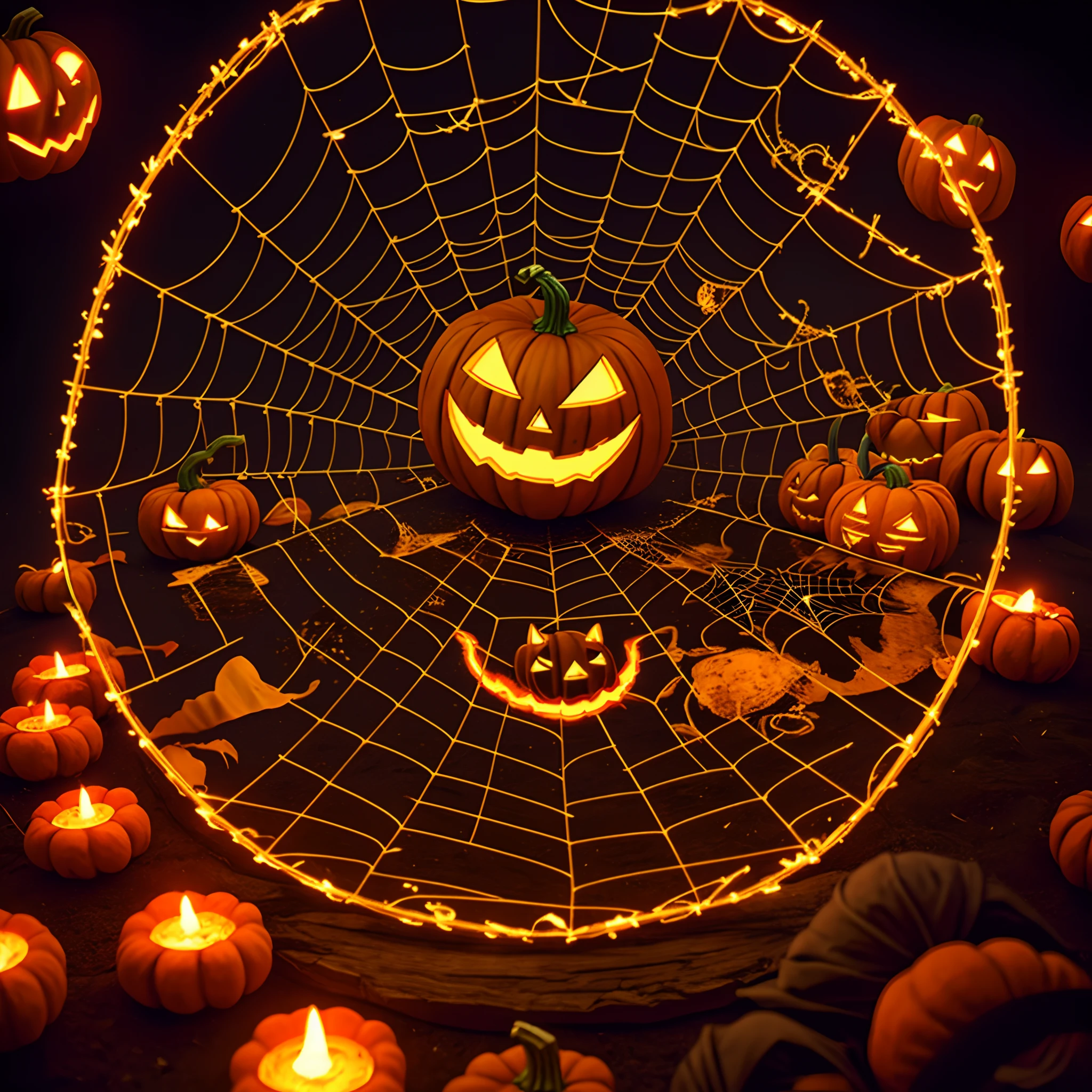three-dimensional image of halloween pumpkin in the center of a spider web, about to be attacked by a black spider