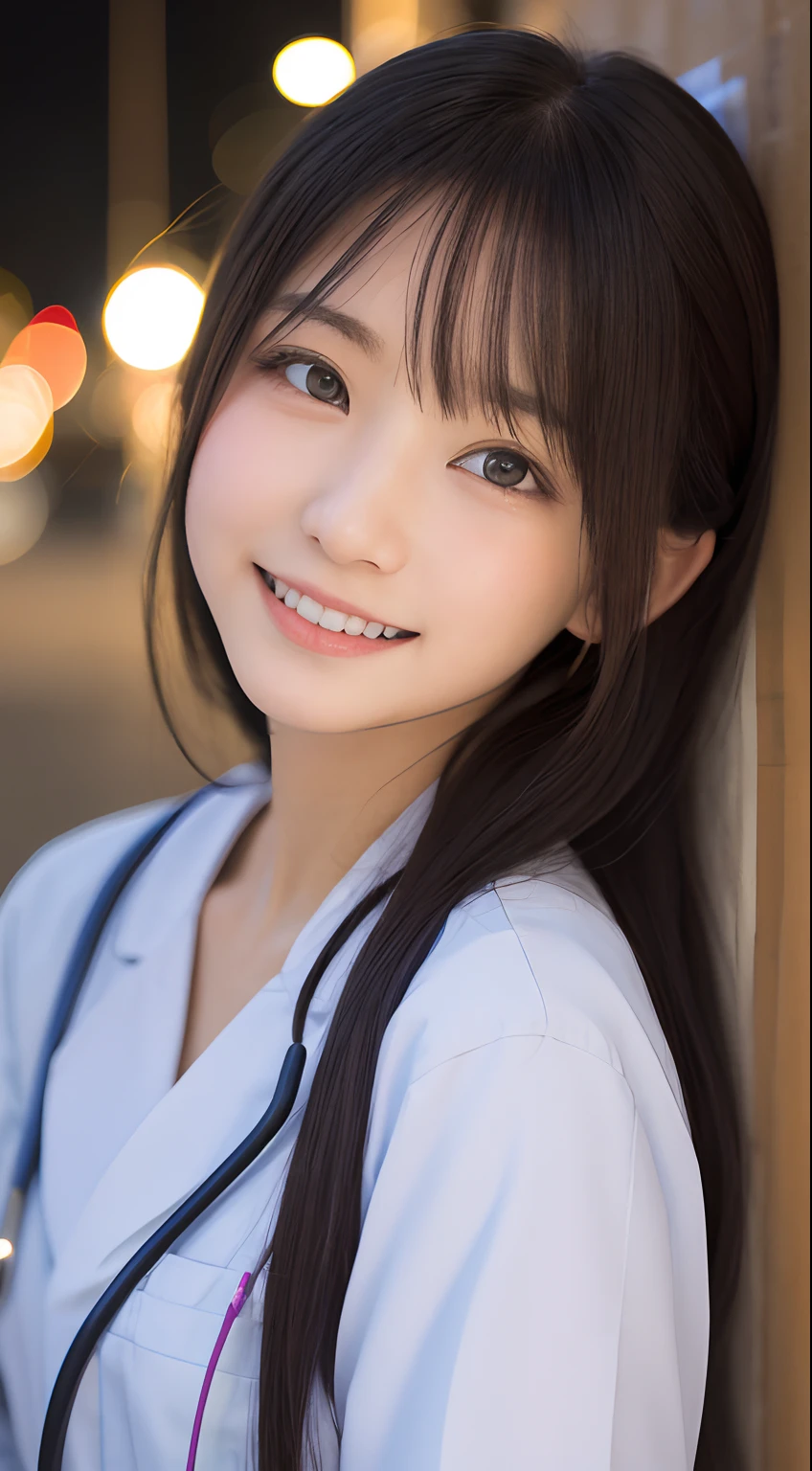 masutepiece, Best Quality, 8K, 8years old, Teen, Raw photo, absurderes, award winning portrait, Smile, Solo, (Night:1.8), Idol face, Delicate girl, Upper body, Digital SLR, Looking at Viewer, Candid, Sophisticated,Thin arms, Professional Lighting, Film grain, chromatic abberation, (Eyes and faces with detailed:1.0), (Bokeh:1.1) , (Nurse Uniform:1.1) , closes mouth