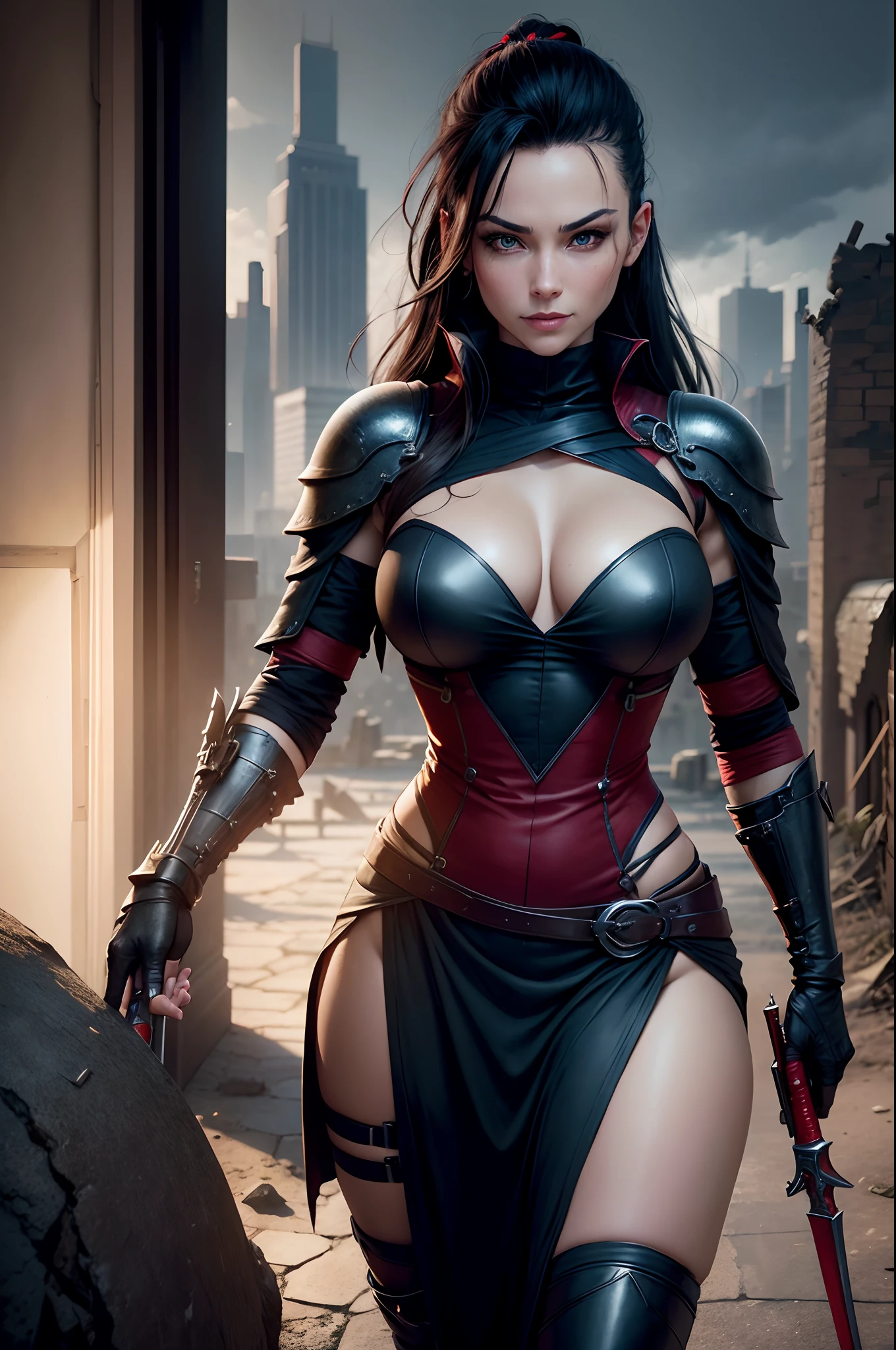 1 Mature Assassin Woman, Body, Red and black assassin costume, Holding a dagger, (masutepiece: 1.4), (8K, Realistic, Raw photo, Best Quality: 1.4), Big dagger, Japan mature woman, large full breasts, Beautiful beautiful face, (Real Face: 1.4), Perfect , Beautiful hairstyle, Realistic blue eyes, Beautiful detail eyes, (Real Skin: 1.3), Beautiful skin, Attractive, Ultra High Resolution, A hyper-realistic, city ruins, Post-apocalyptic world, Cinematic lighting, Black-haired mohawk, blue ribbons,a smile, Weapons in hand, futuristic fantasy, View, Battle Pose　Castle balcony at night