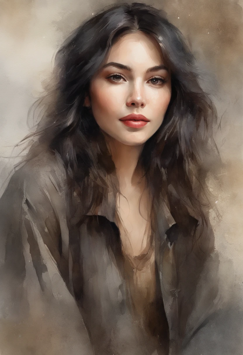 A delicate, 3D water color paint shows a full body naked beautiful Persian woman, her features rendered in subtle shading and precise lines. The framing is focusing attention on the subject's sweet face, very big eyes, very high nose, thick and long eyebrow, thin and wide lips, sexy look. Soft, feathery strokes convey the gentle texture of her short hair, small and firm breasts, bare foot, large pussy,