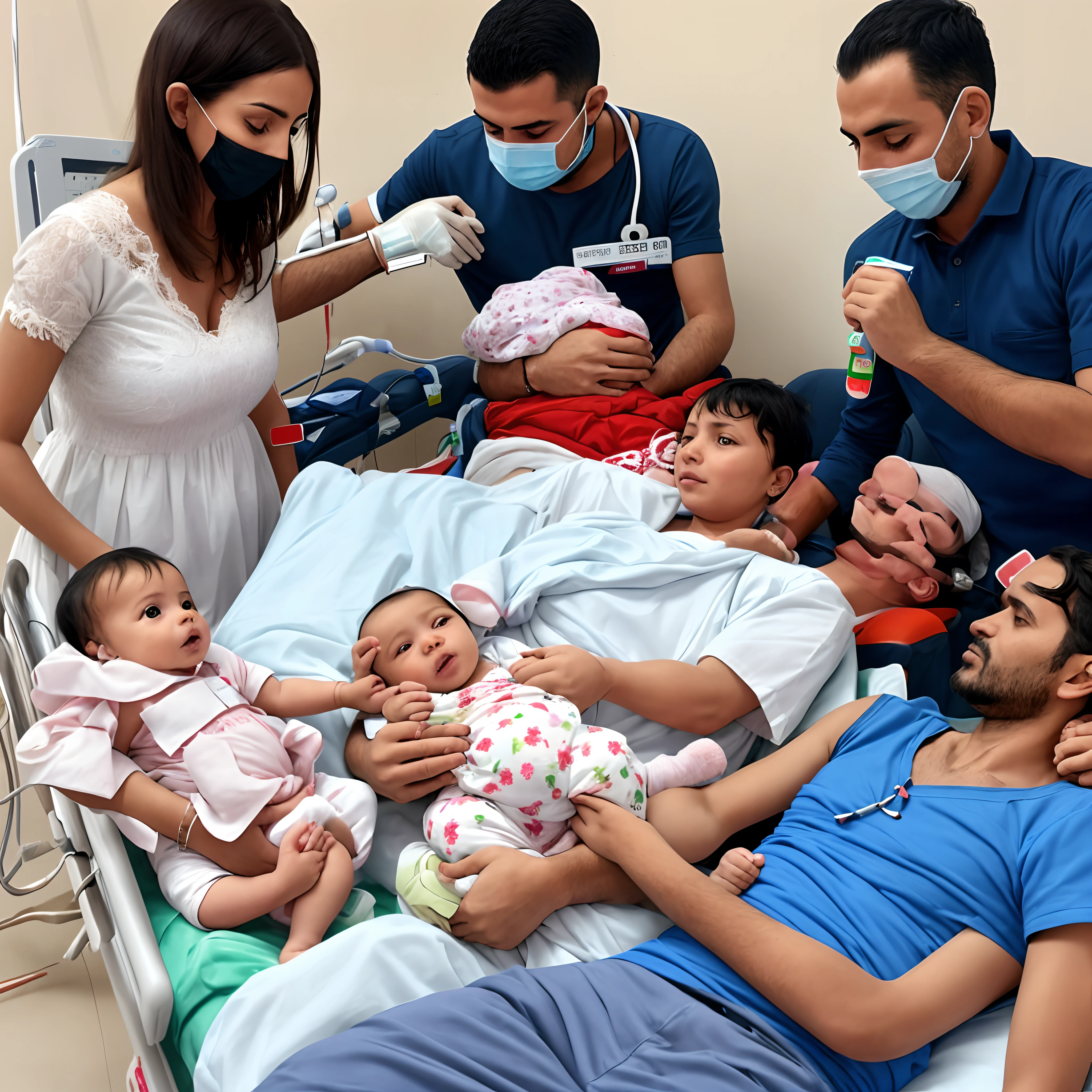 Algerian woman holding baby in hospital,  while a man is donating blood to save her life