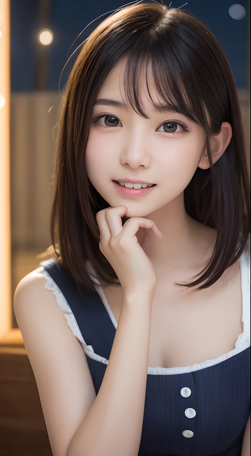 masutepiece, Best Quality, 8K, 8yo student, Teen, Raw photo, absurderes, award winning portrait, Smile, Smile, Solo, Idol face, Delicate girl, Upper body, Digital SLR, Looking at Viewer, Candid, Sophisticated, Thin arms, Professional Lighting, Film grain, chromatic abberation, (Eyes and faces with detailed:1.0), (Bokeh:1.1) , gigantic breast , Distant viewpoint , bed , laying on back , Perspective from above , closes mouth