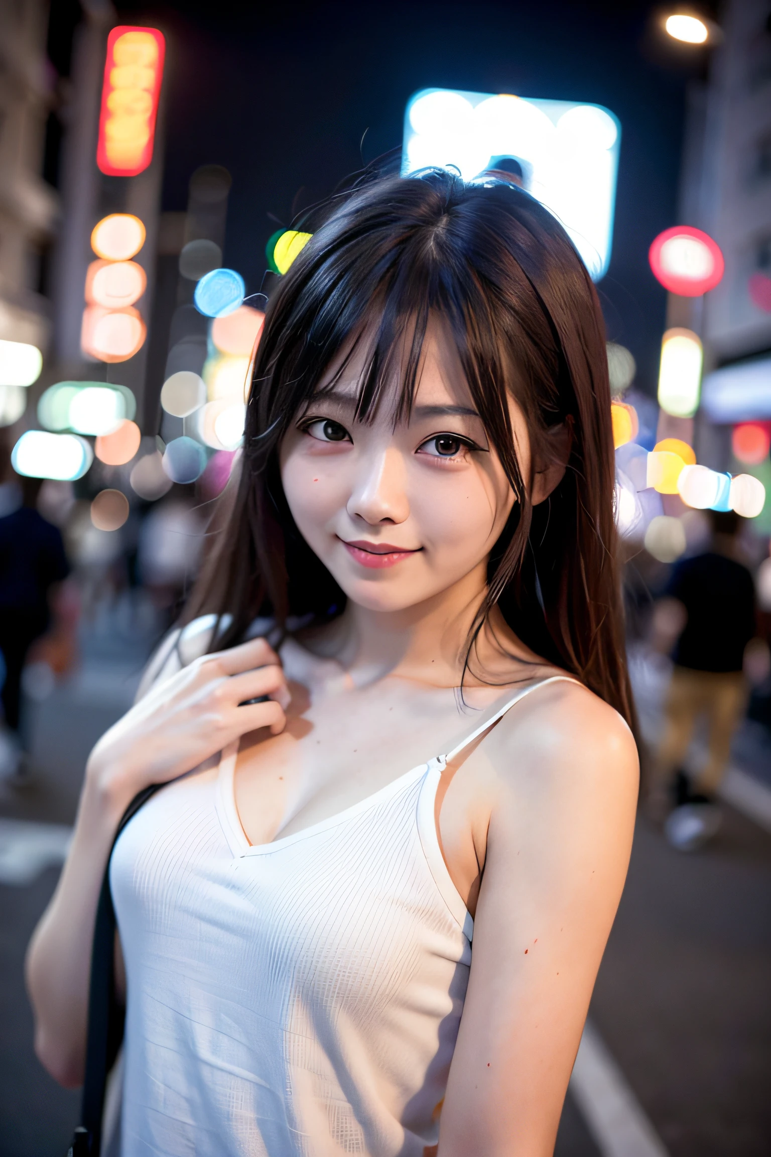 1 Girl, Tokyo Street,night, Streetscape,City lights,Upper Body,close,smile,, (8K, Raw photo, highest quality, masterpiece:1.2),(Realistic, photo-Realistic:1.37),