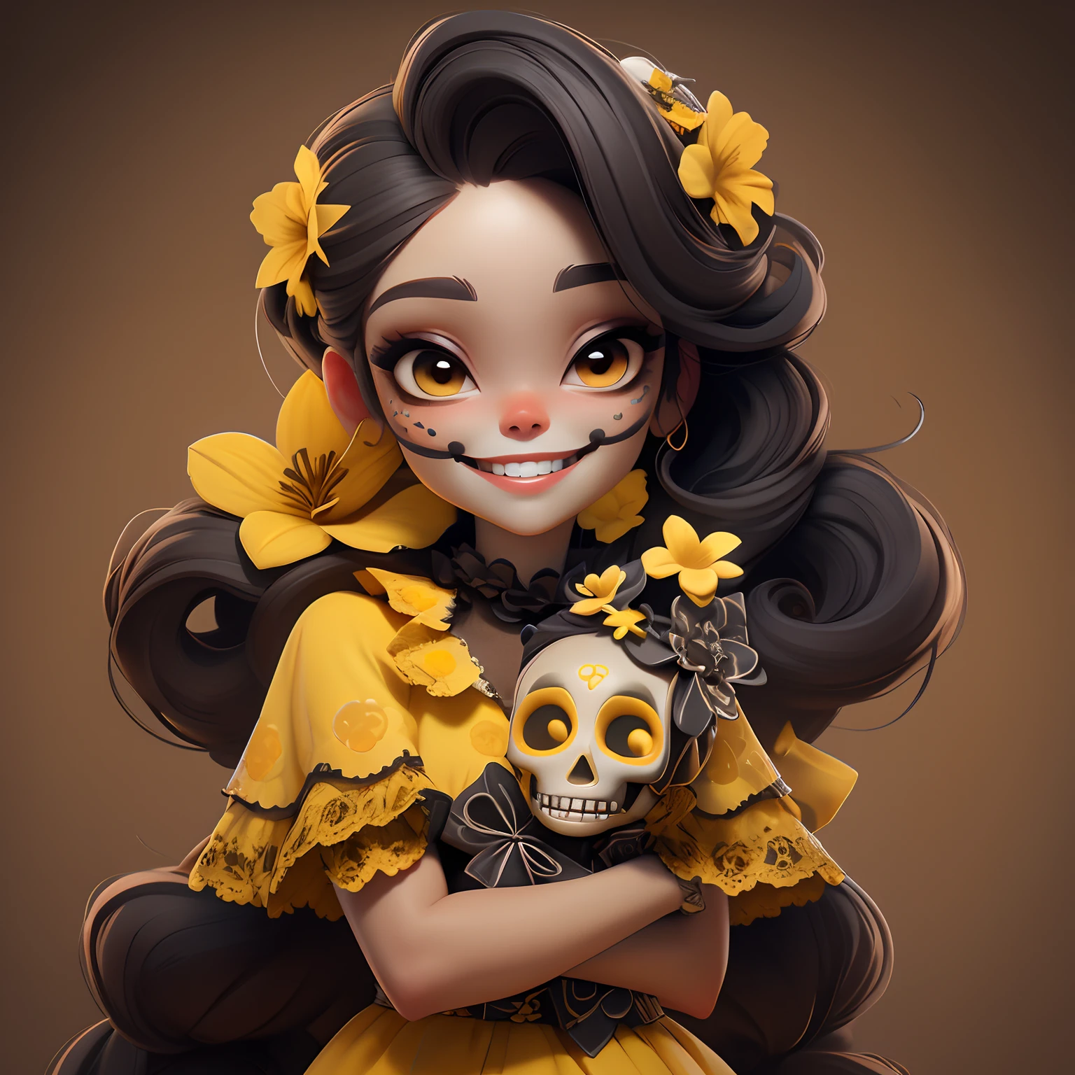 masterpiece, best quality, a girl smiling with sugar skull death makeup, holding a yellow flowers bouquet