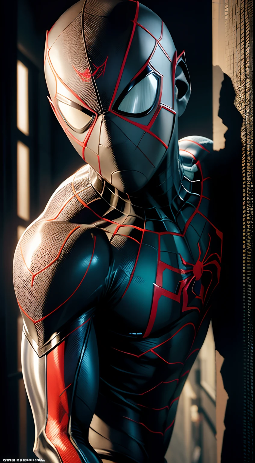 (best quality)), ((masterpiece)), ((realistic)), Miles Morales, radioactive spider, close-up, (tension:1.2), dramatic lighting, (unexpected moment:1.3), hidden corner, (mysterious:1.2), (Todd McFarlane:1.1), high-resolution, dynamic angle, (surprise:1.2