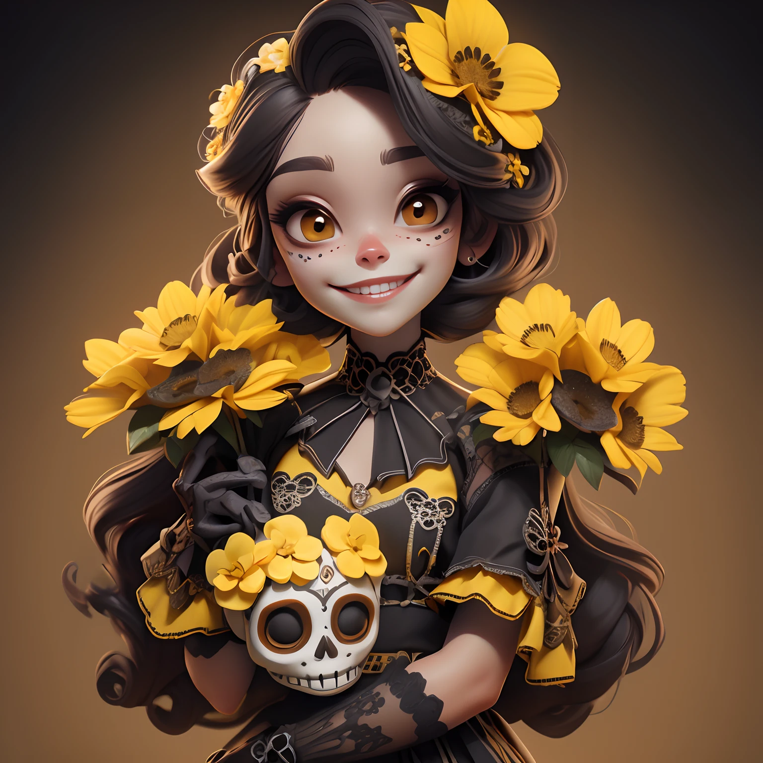 masterpiece, best quality, a girl smiling with sugar skull death makeup, holding a yellow flowers bouquet