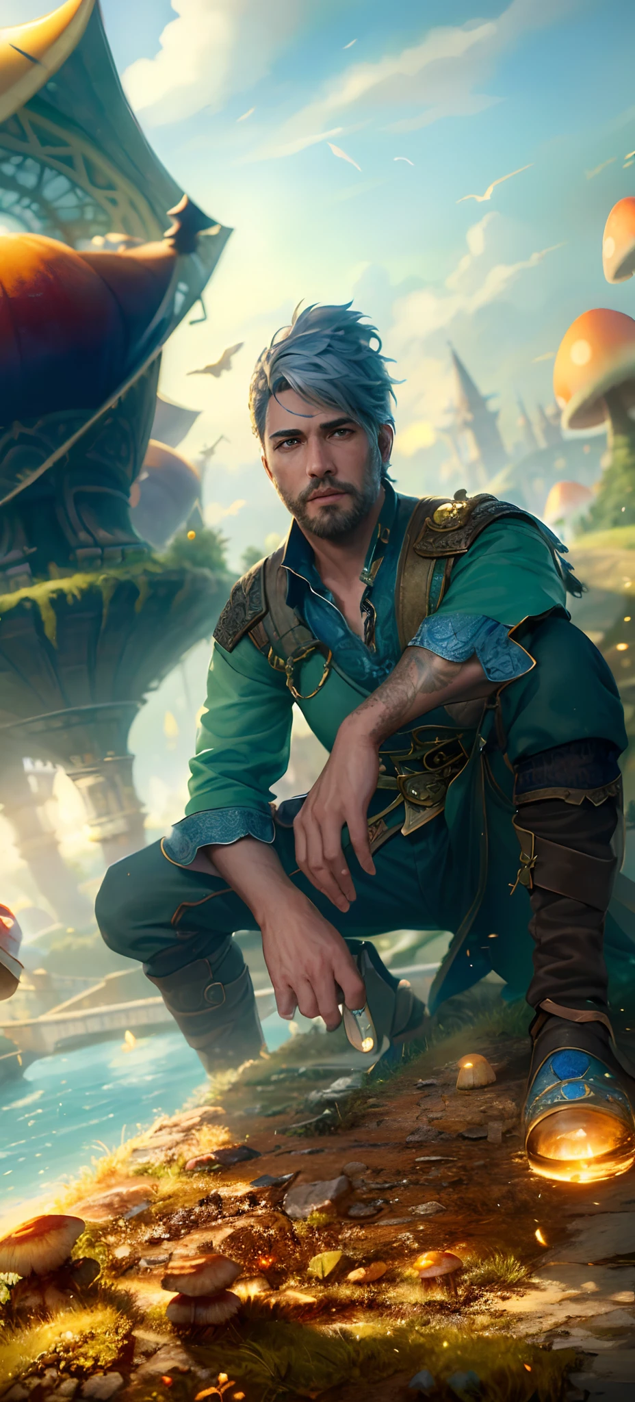 (((Multiplayer, Man and Woman))), Best Quality, Realistic, Realistic, Award-Winning Illustrations, (Intricate Details: 1.2), (Fine Details), (Intricate Details), (Cinematic Light, Best Quality Backlight), Clear Lines, Sharp Focus, Official Art, Unity 8k Wallpaper, Ridiculous, Incredibly Ridiculous, Fantasy Art, RTX, ((Award-winning Triangle Studio Close-up Photo)), 1 Boy, (Shut Up), Best Quality, 4K, beautiful mysterious creatures, male, flying, surrealism, masterpiece of NCWINTERS, in mysterious country town, masterpiece, intricate details, ff14style, urban painting, bridge, river, giant mushroom, landscape, bright colors,