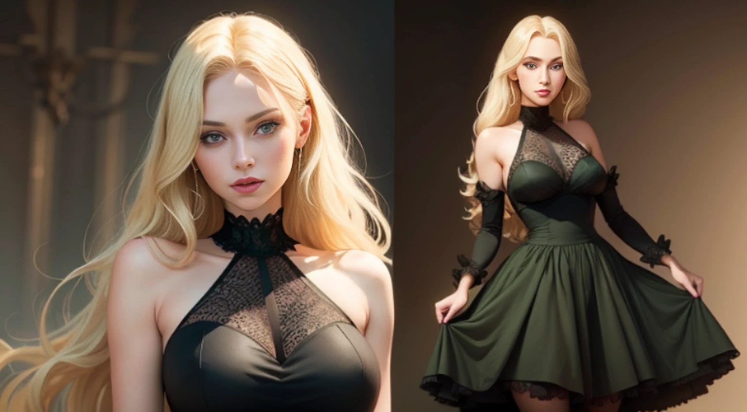 A standing female figure with long blonde hair, green eyes, a red see through short lace dress, and golden accessories. Extremely detailed skin, detailed beautiful face, high detail eyes, photo-realistic, soft light, solo, full body. (Best quality, UHD, 8K wallpaper, High resolution).