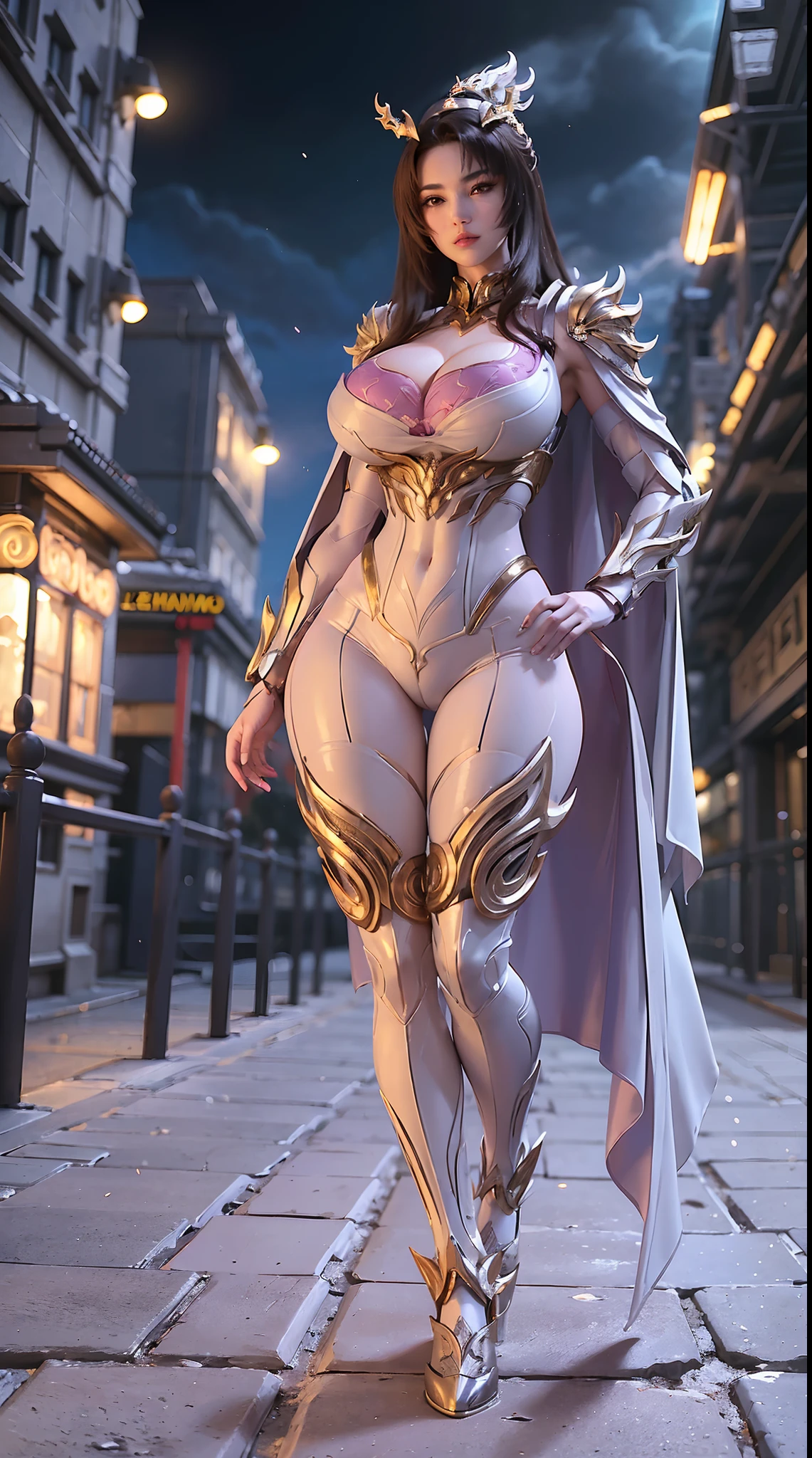 (1GIRL, SOLO:1.7), (DRAGON QUEEN HELM), (HUGE FAKE BOOBS:1.2), (WHITE, GOLD, PURPLE), (EMPTY CITY BACKGROUND), (FUTURISTIC PHOENIX MECHA BODYSUIT, CLEAVAGE, ROYAL CAPE:1.3), (SKINTIGHT YOGA PANTS, HIGH HEELS:1.2), (BUSTY BODY, MUSCLE ABS, FULL BODY VIEW:1.4), (LOOKING AT VIEWER), (WALKING DOWN:1.3), ULTRA HIGHT DETAIL, 8K, 1080P.