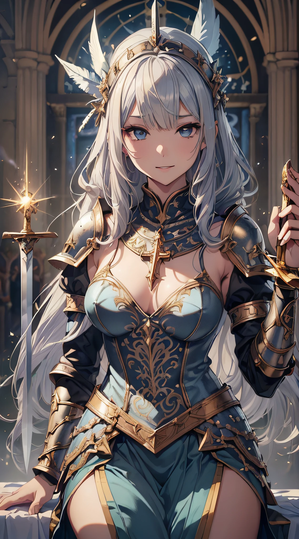 (Official Art、Highest quality、unity 8k wallpaper、32K、masterpiece、Super detailed、Ultra-high resolution、Actual、realism)、(Cinema lighting:1.2)、Fire glow effect、Best Shadow、Side Shot、Side body、Edge Light、Side light、(Highly detailed and intricate 3D rendering)、繊細でBeautiful Faceと目、Sharp pupils、Realistic student、Thinner、1Dear、Large bust、Beautiful Face、Beautiful girl 、(Very delicate skin、Detailed skin texture:1.3)、(Silver Blonde、Blue-silver hair:1.3)、Holy Knight、Long hair、Blunt bangs、Green Eyes、3 braids 1 bundle、(Blue Armor、Blue Boots、Blue Helmet、Inlaid gemstones、Gold embroidery)、Thinner、Long skirt、(Upper Leg, Upper Leg, Upper Leg:0.8)、(colorful、dream-like:1.2)、(dream-like:1.3)、(Side body、prayer)、(avert your eyes、Shima:1.3)、dream-like、An innocent smile、Media dissolution, 2, Sexy, Large Eyes, Wear diamond earrings, camisole, Taking a shower