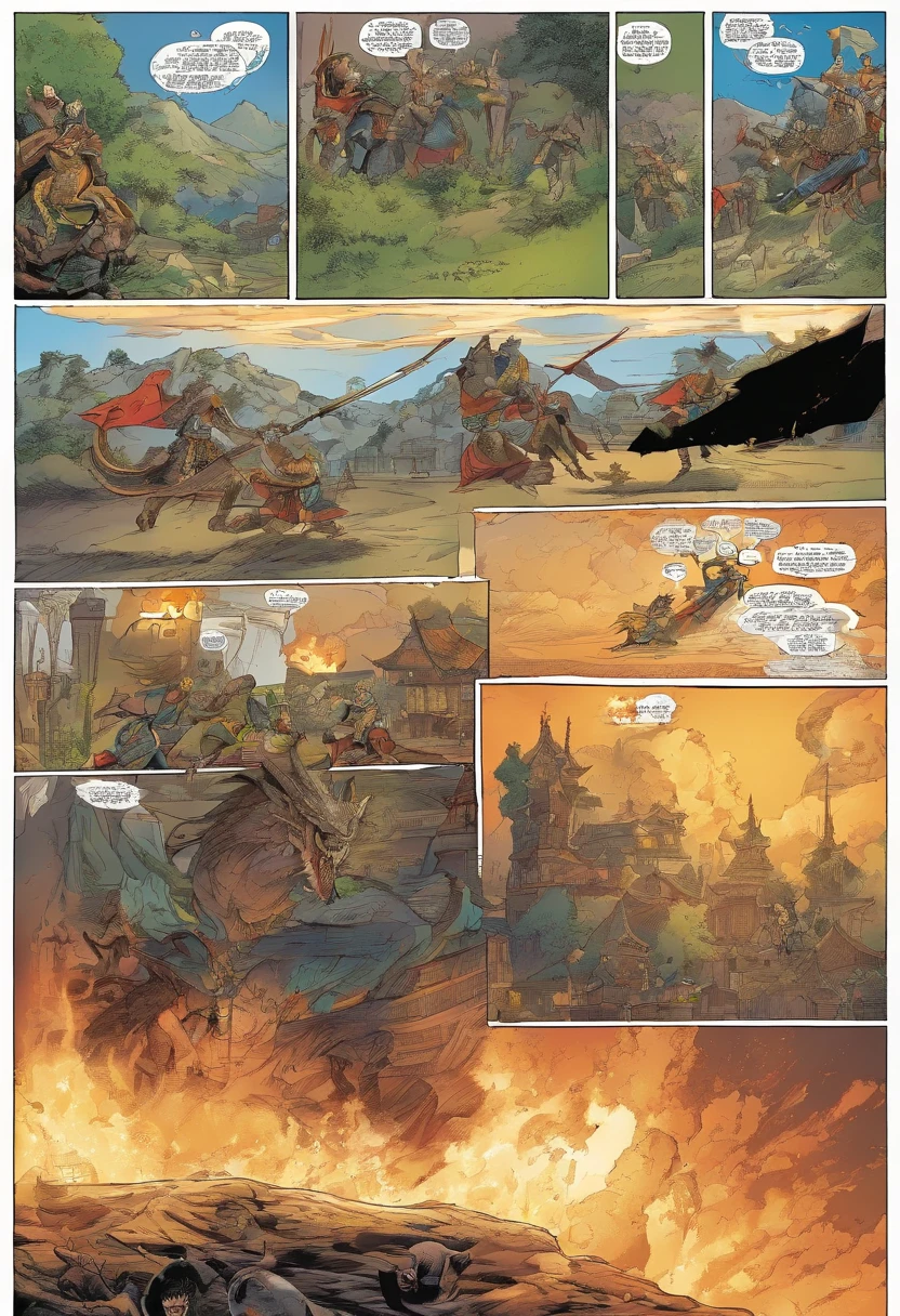Japan comics, the comic story is presented in multiple irregular panels with color. tells the story of a knight fighting a dragon. The style is exaggerated and detailed