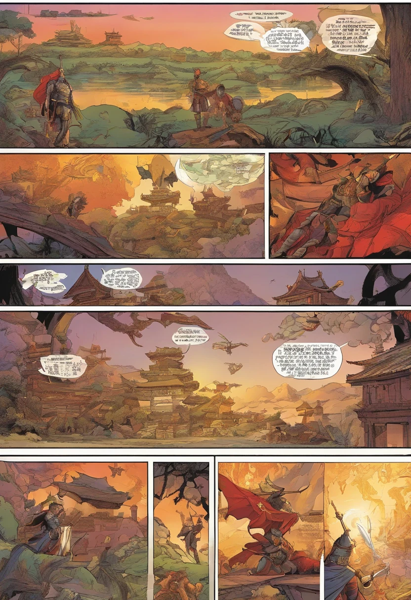 Japan comics, the comic story is presented in multiple irregular panels with color. tells the story of a knight fighting a dragon. The style is exaggerated and detailed
