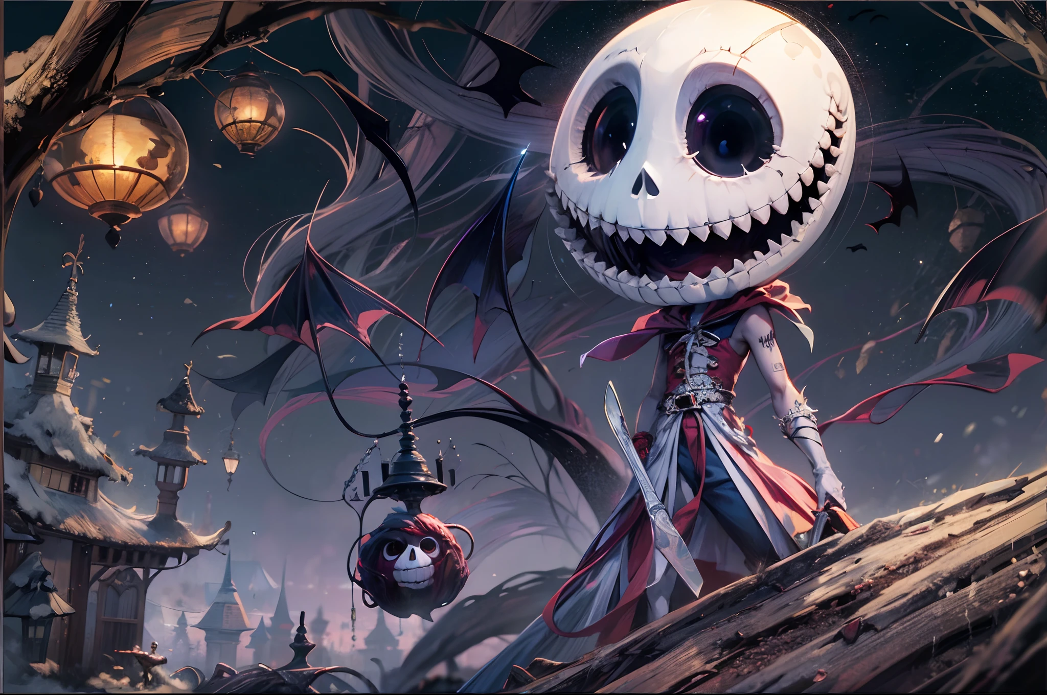 (absurdres, highres, ultra detailed, HDR), masterpiece, best quality, 1 boy, handsome boy, cool hero, big anime eyes, young boy, detailed scenery, detailed character, nightmare before Christmas theme, art kenouji