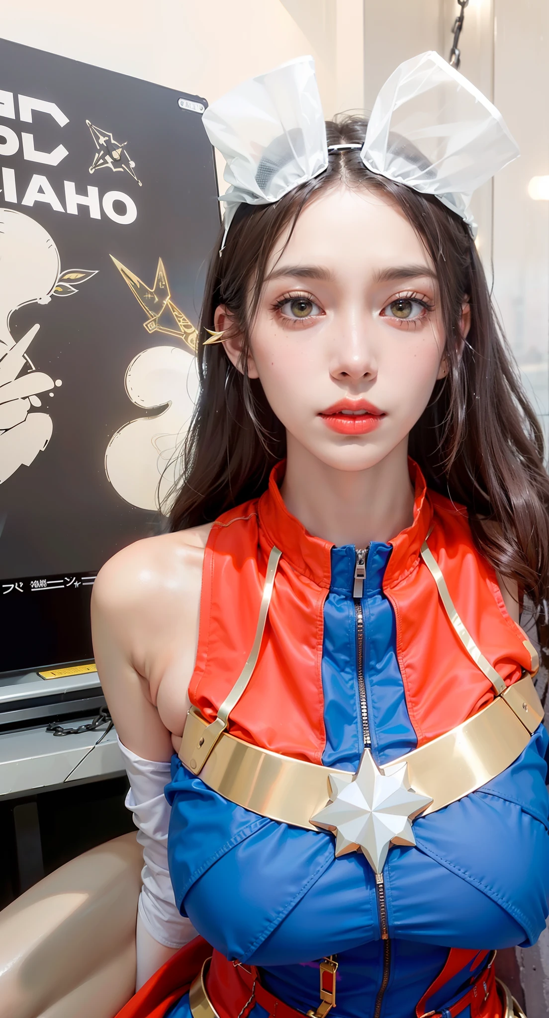 ,((Wearing a torn sheer costume of a superheroine)),(, No bra)), Wet crotch, Wet thighs, Beautiful girl with accentuated slender abs: 1.4, (((nipple tips protruding, areola is protruding, The shape of the pubic region is clearly visible)), sixpack abs: 1.4, Bust Botox, Photo, Sharpness, Unique 850 4, Koda850 k portrait camera, F1.6 shots, Ultra-realistic textures, Spectacular light textures, Cinestil 800 Fashion Mechanics, (futuristic sci-fi battle fashion: 1.1), (tied perfectly by chain), Restraint, Slaves, collars, ((wide prison with sunlight)), Dark fantasy, Realistic material details, extreme hight detail, Ultra-realistic materials ((Torn costume))), Wet, Cloudy, (Chained)), ((big emphasized by chains)), ((chains digging into crotch)), ( (Collar)), (, No bra), shredded costumes, broken golden shields and battle spears,, White combat gloves, Combat shoulder armor, Blood splattered on the face, Blood splattered, Realistic, (Bruises, Dirty, ripped clothing, skimpy clothing, Blood: 1.3), Torn Cape, Torn pantyhose, Long legs, ((iron pipe in the crotch)), Metallic shackles and fetters, ((chains hung from heaven)), Wet crotch is clearly visible, Swarovski's sword and the anatomy beneath his feet, (futuristic sci-fi battle fashion, Torn mesh stockings),Body repair