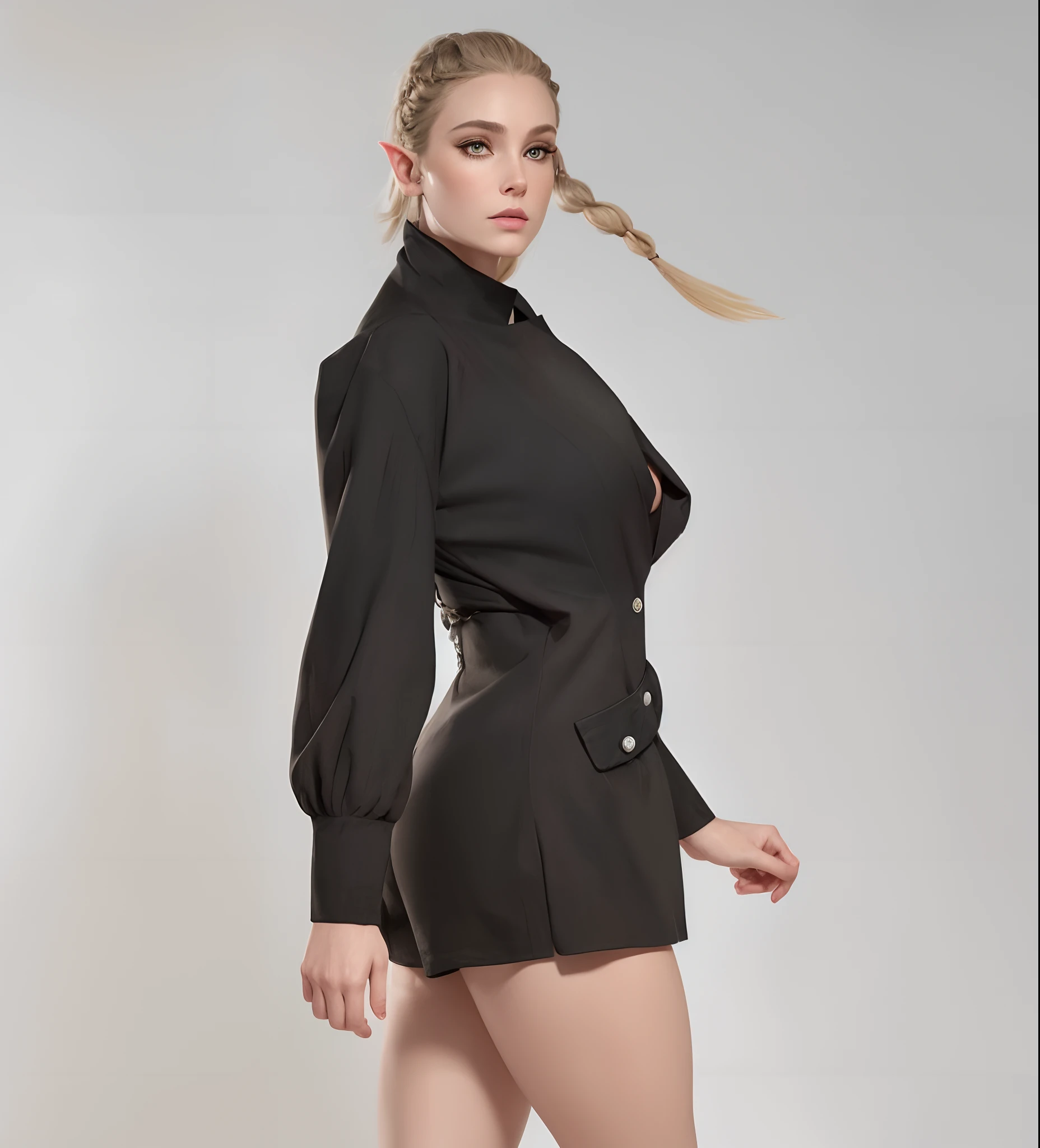 A Mythological Elf in modern clothes, hair with braids, orelhas de elfo, roupa preta, coxas expostas, look-at-camera, pale skinned, fundo branco infinito
